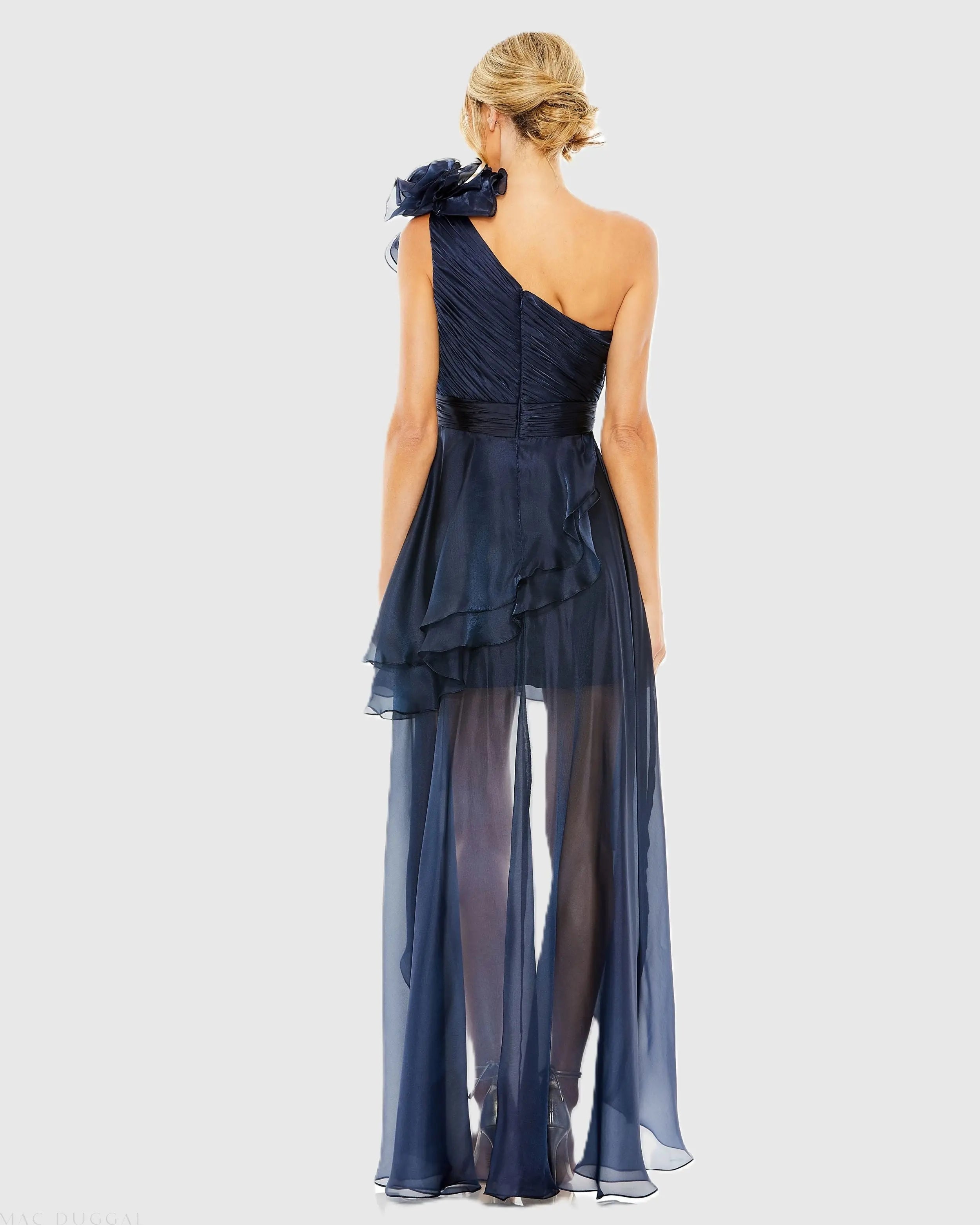 Navy One Shoulder Ruffle High Low Gown - Ieena for Mac Duggal