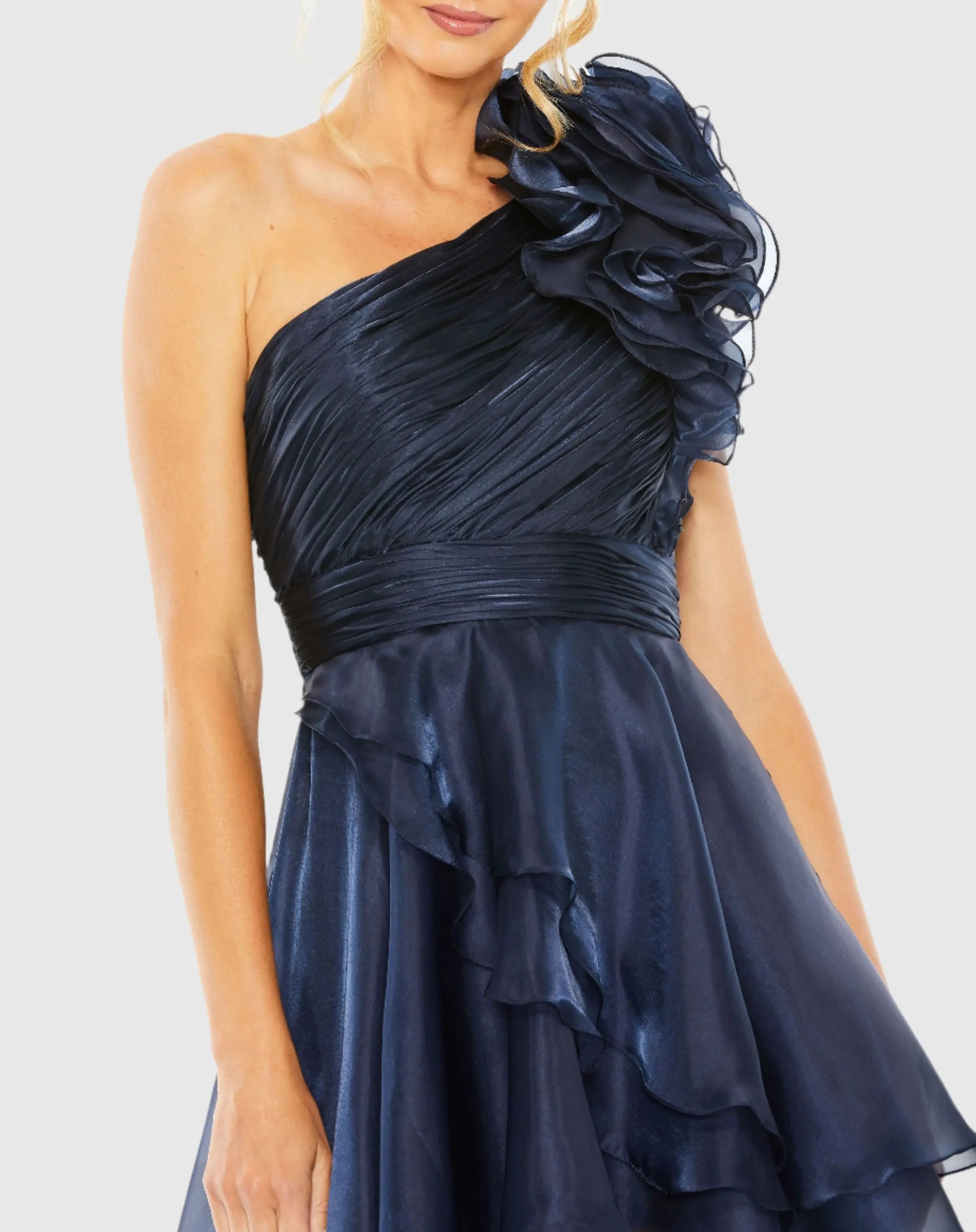 Navy One Shoulder Ruffle High Low Gown - Ieena for Mac Duggal