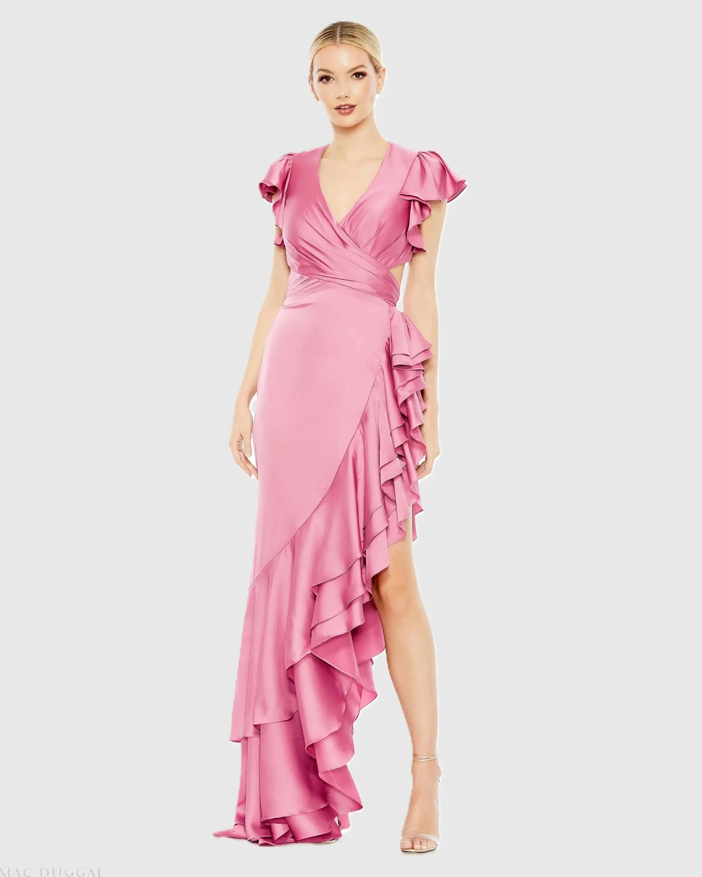 Pink Flutter Sleeve Cut Out Asymmetrical Ruffled Gown - Mac Duggal