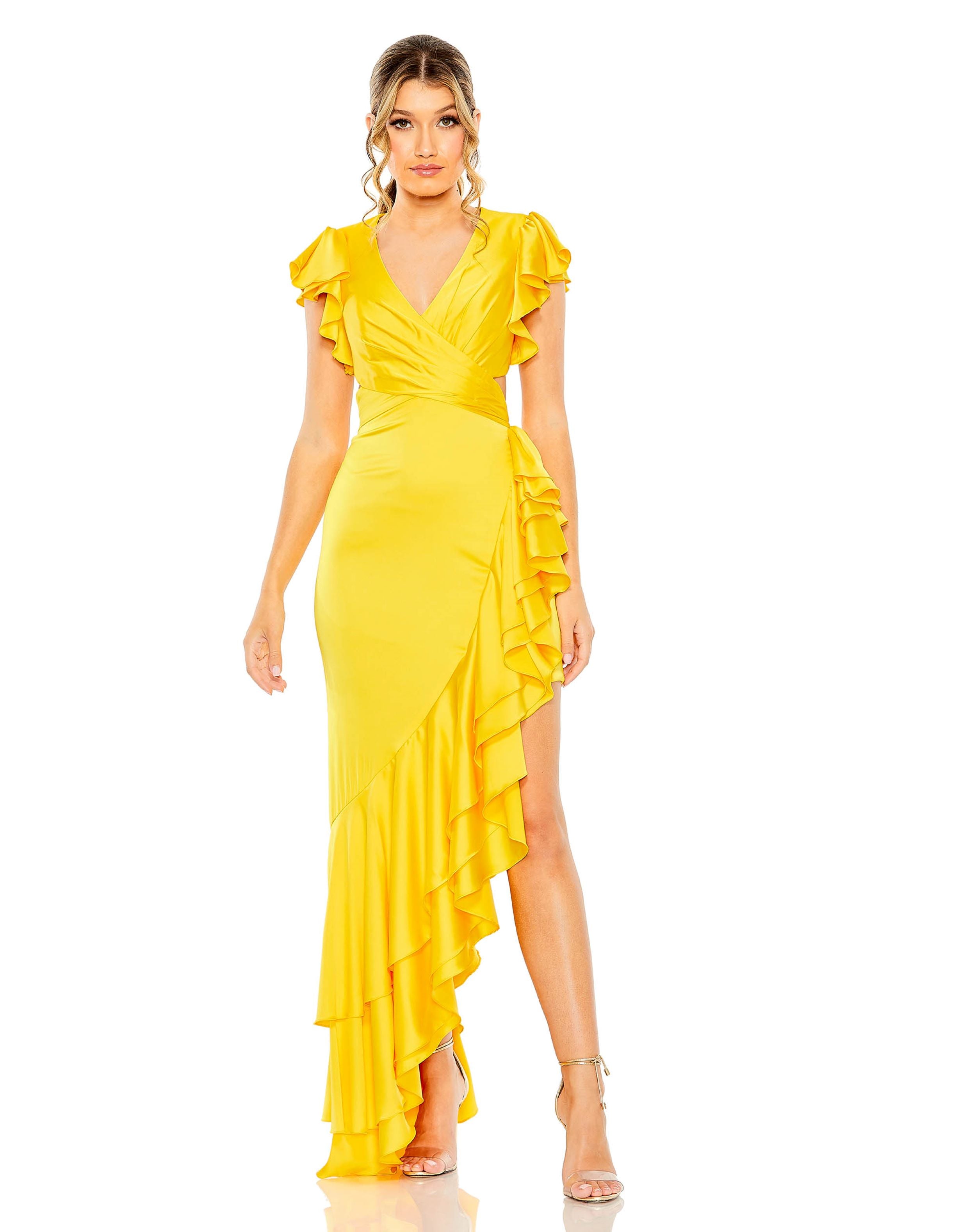 Flutter Sleeve Cut Out Asymettical Ruffled Gown