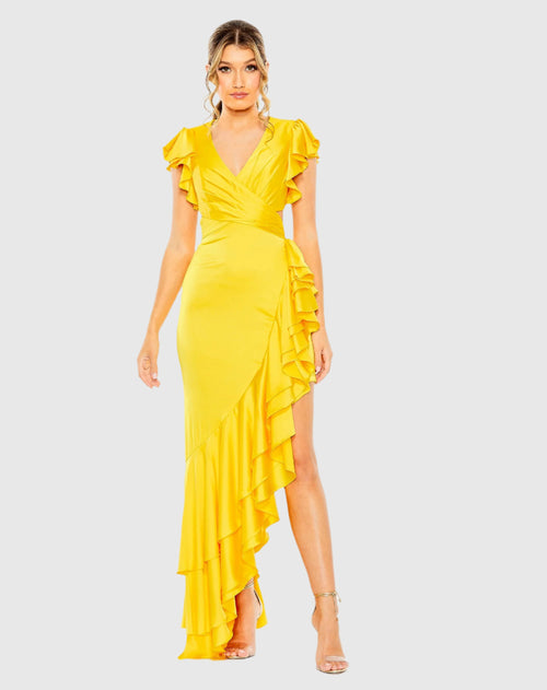 Flutter Sleeve Cut Out Asymmetrical Ruffled Gown - FINAL SALE