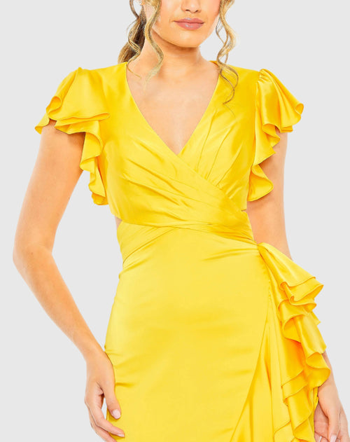 Flutter Sleeve Cut Out Asymmetrical Ruffled Gown - FINAL SALE