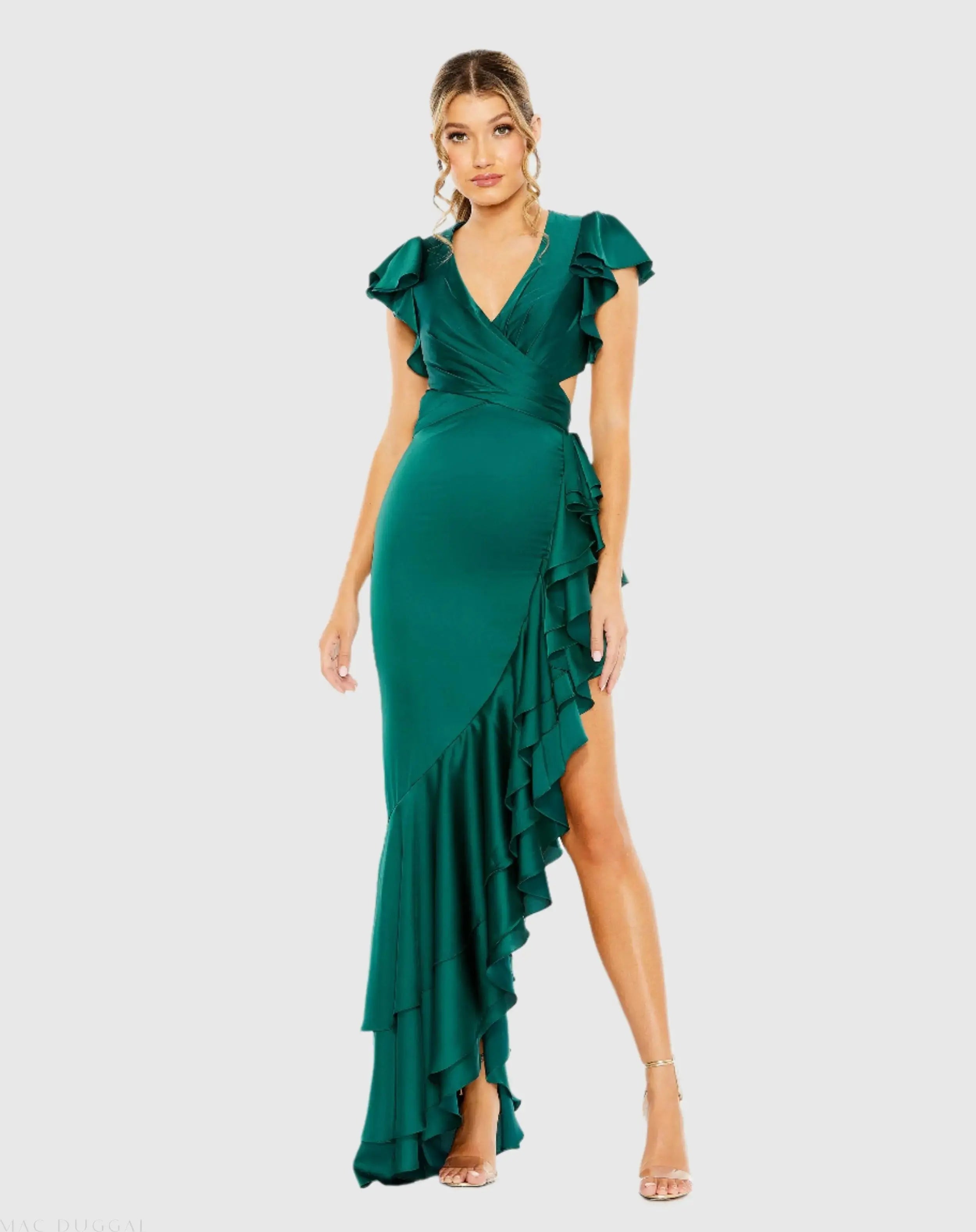 Green Flutter Sleeve Cut Out Asymmetrical Ruffled Dress - Ieena for Mac Duggal