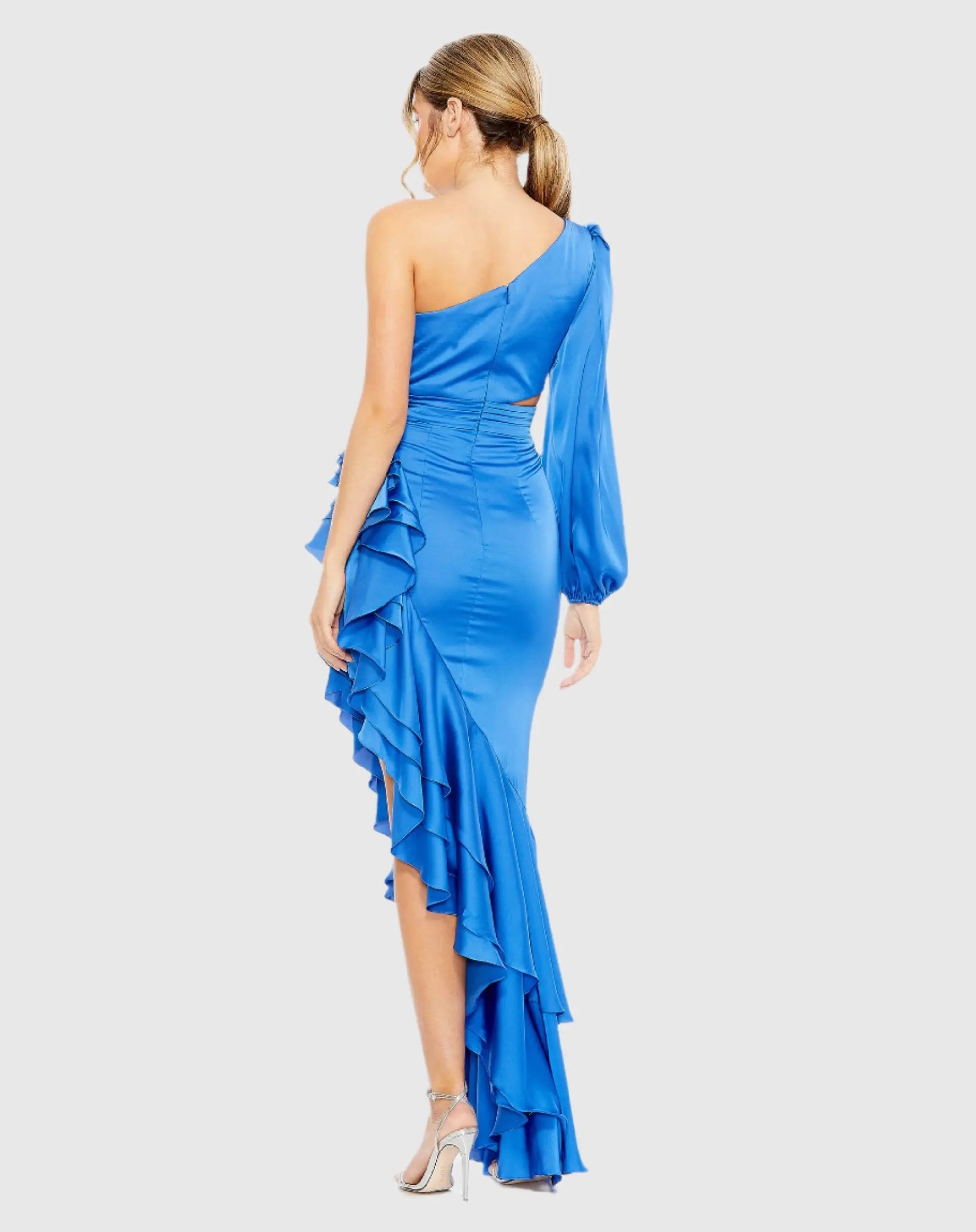 Blue One Sleeve Cut Out Asymmetrical Ruffled Gown - Mac Duggal