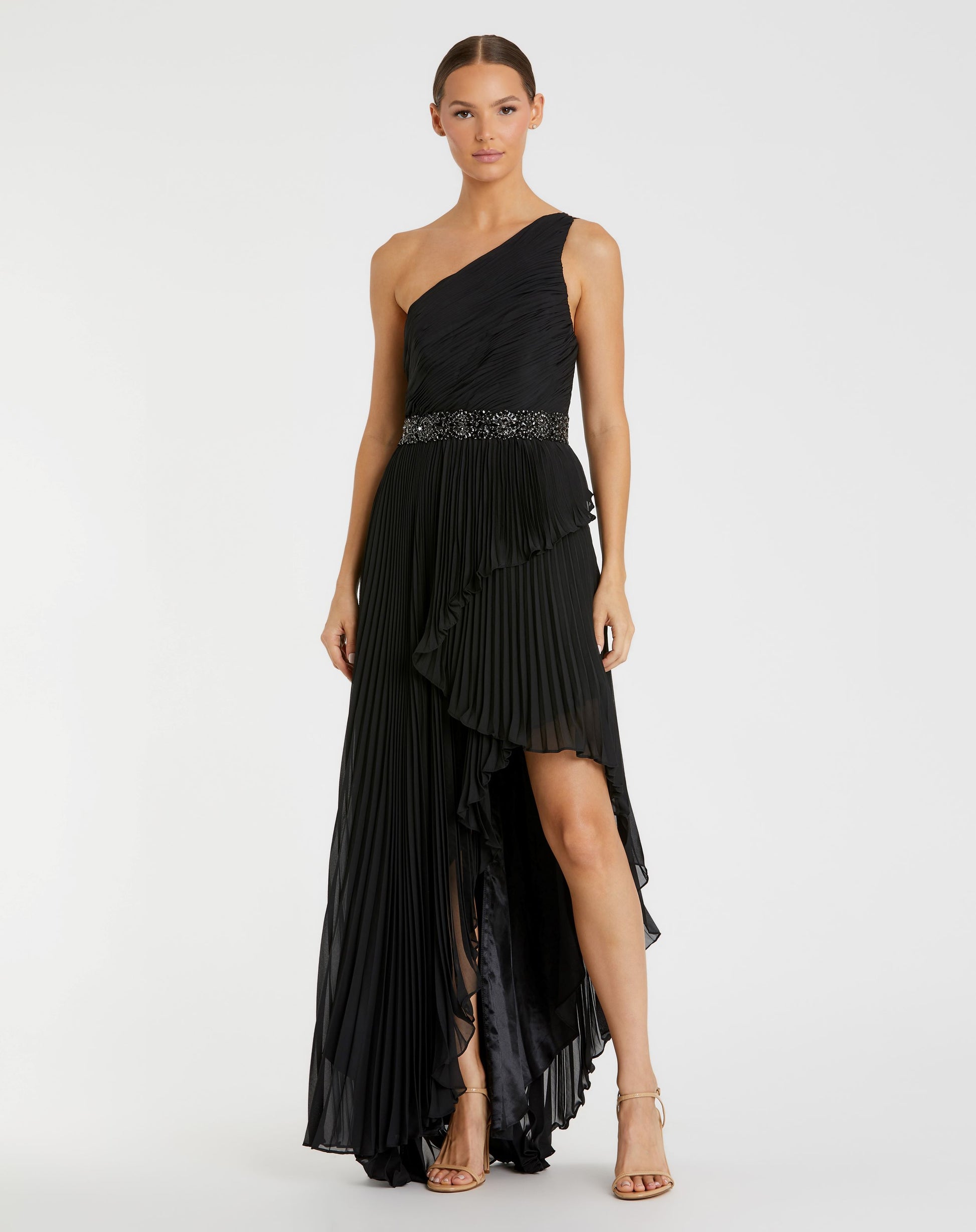 Pleated One Shoulder Asymmetrical Ruffle Hem Gown