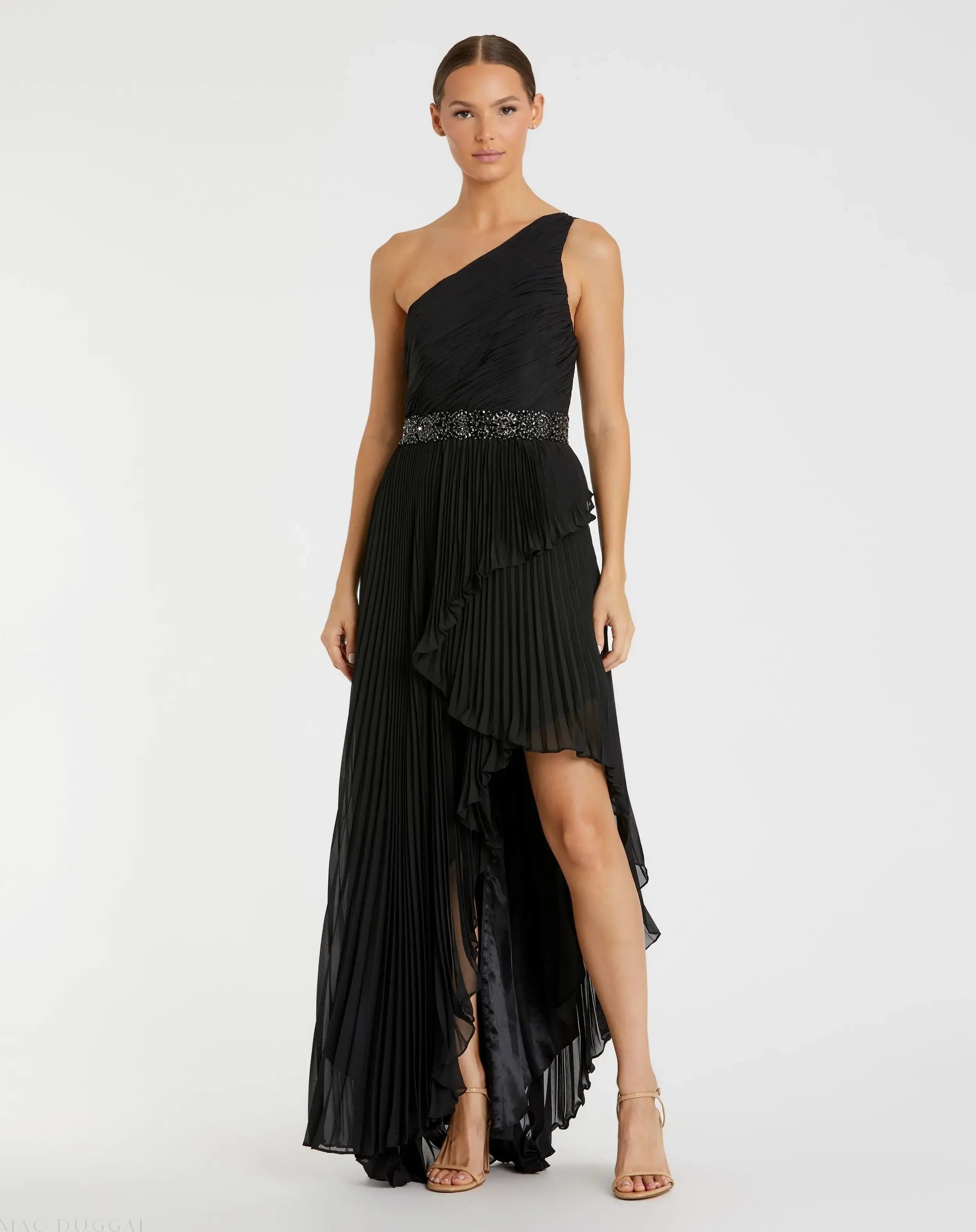 Black Pleated One Shoulder Asymmetrical Ruffle Hem Gown - Mac Duggal
