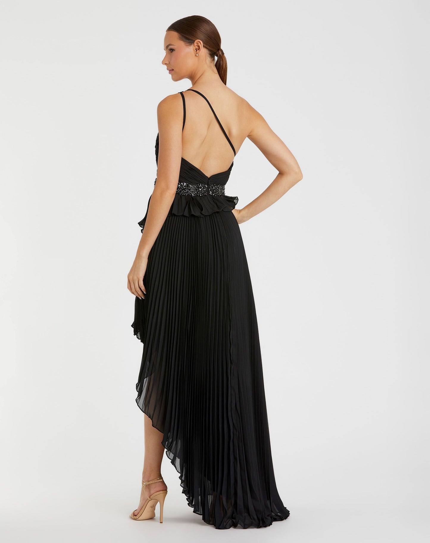 Schwarzes, plissiertes One-Shoulder-Kleid mit asymmetrischem Rüschensaum