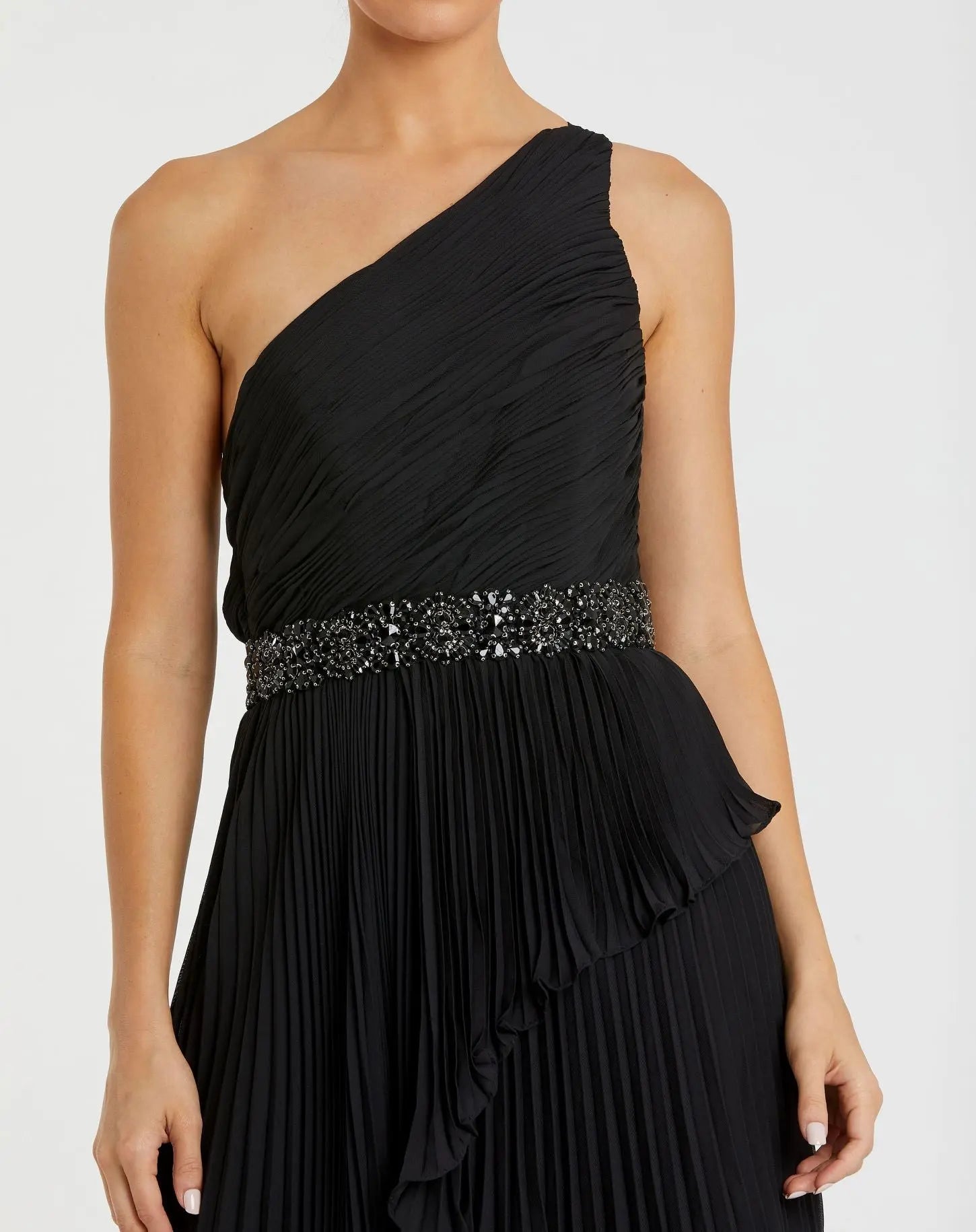 Black Pleated One Shoulder Asymmetrical Ruffle Hem Gown - Mac Duggal