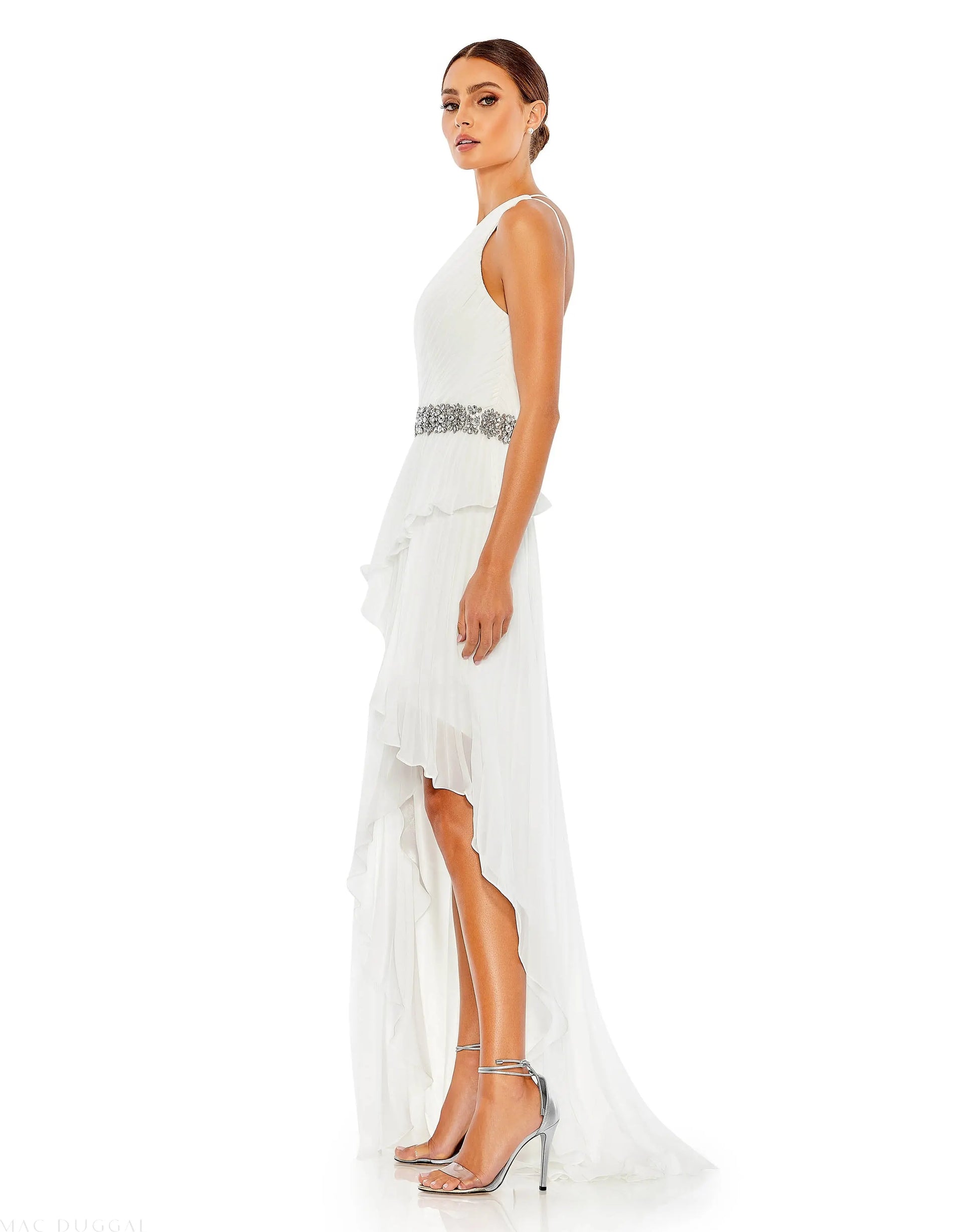 White Pleated One Shoulder Asymmetrical Ruffle Hem Gown - FINAL SALE - Mac Duggal