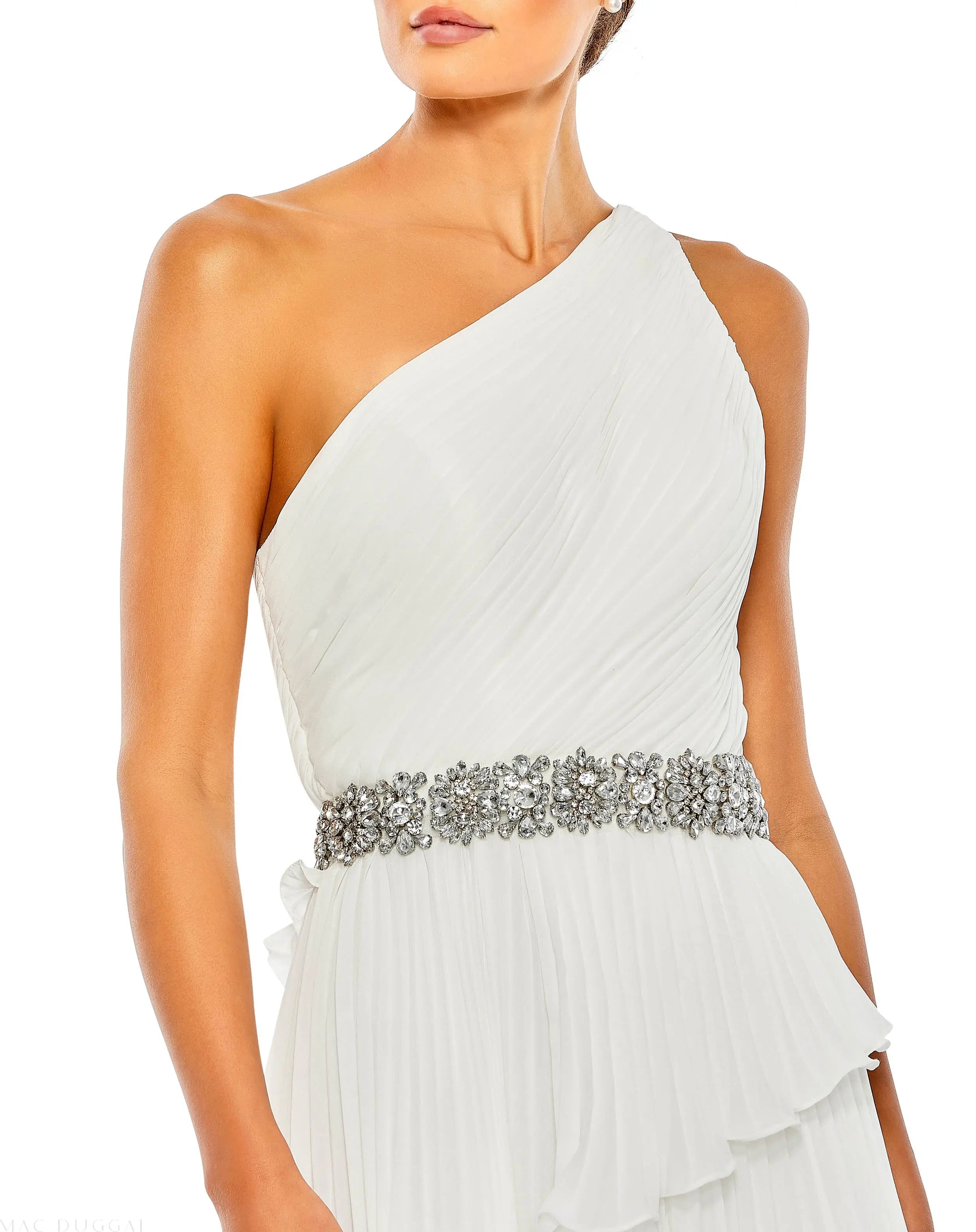 White Pleated One Shoulder Asymmetrical Ruffle Hem Gown - FINAL SALE - Mac Duggal