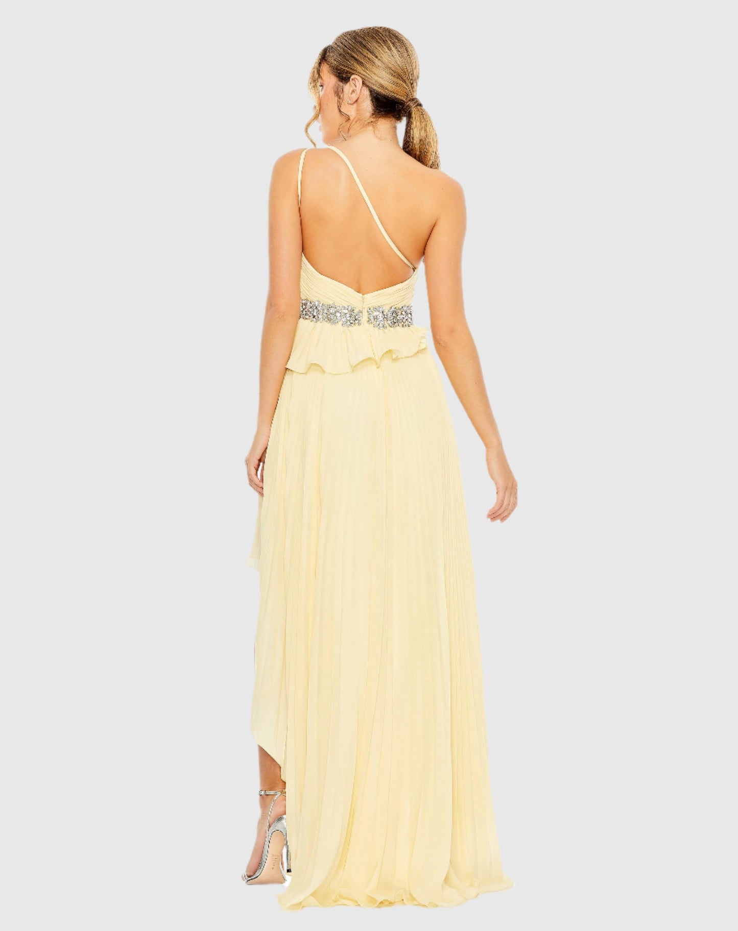 Yellow Pleated One Shoulder Asymmetrical Ruffle Hem Gown