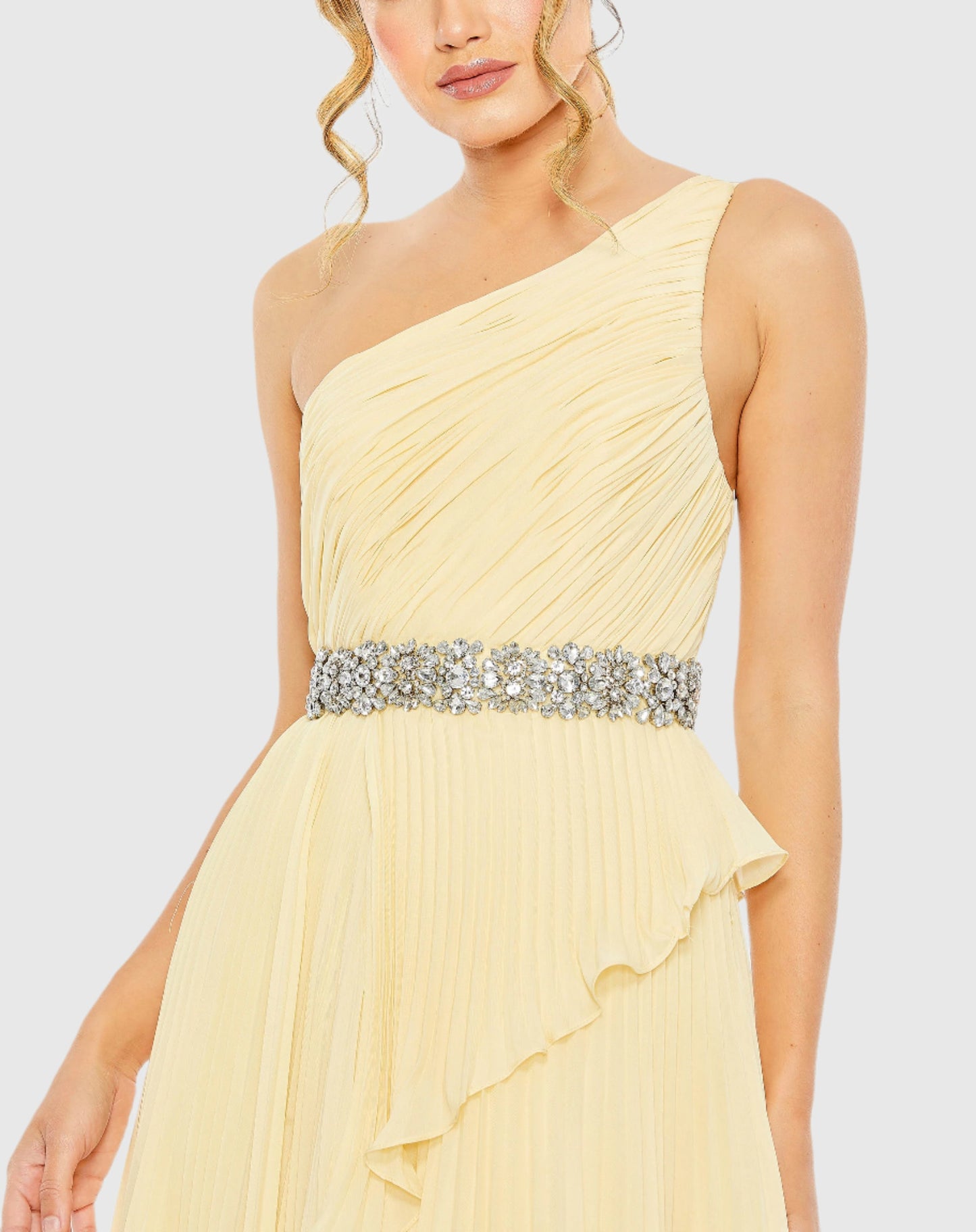 Yellow Pleated One Shoulder Asymmetrical Ruffle Hem Gown