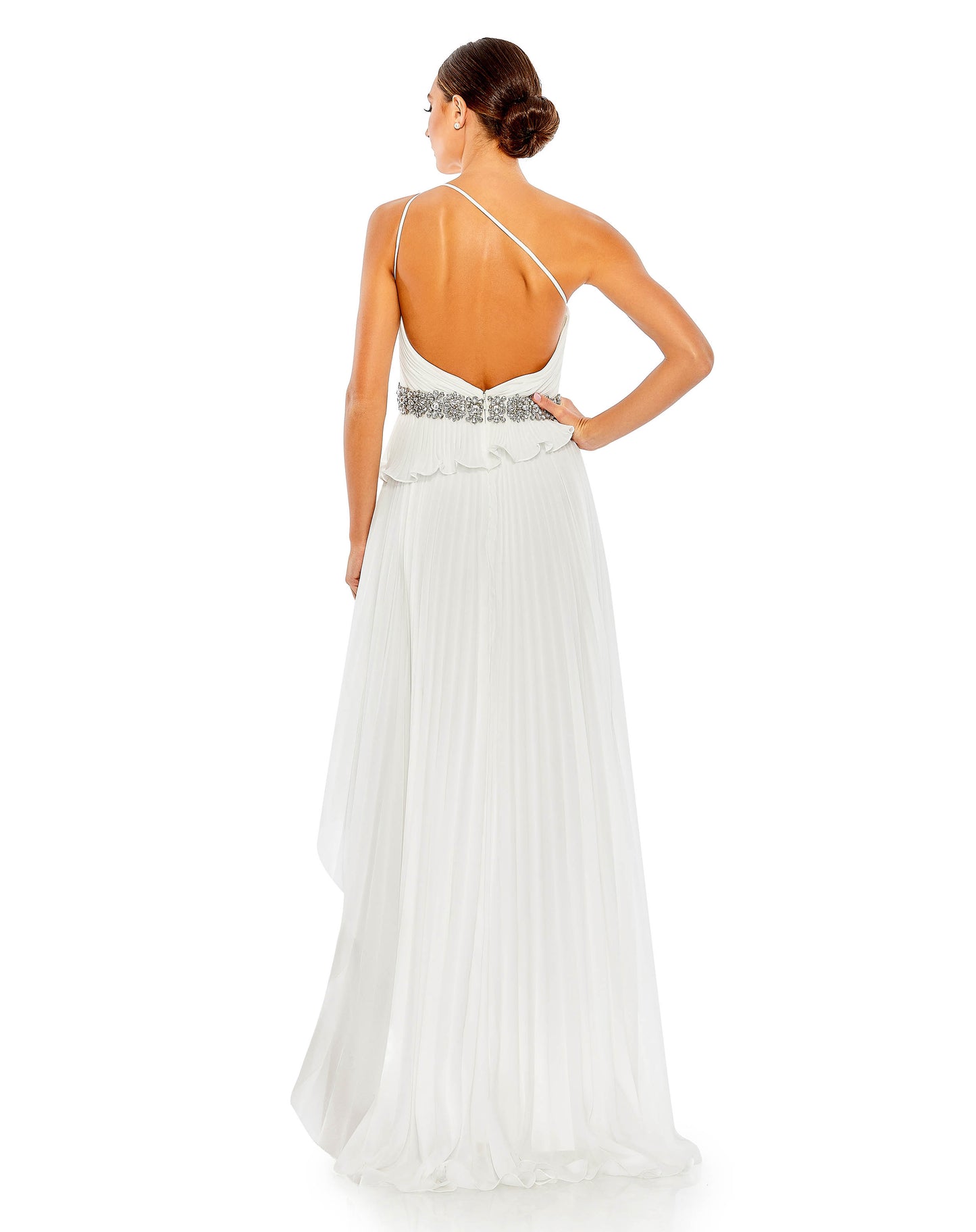 White Pleated One Shoulder Asymmetrical Ruffle Hem Gown - FINAL SALE