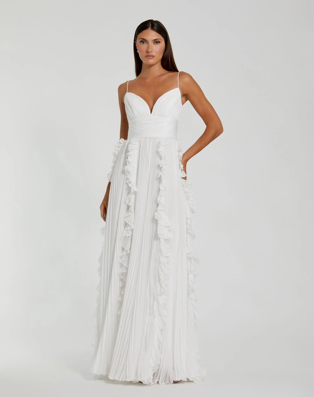 White Pleated Sleeveless Flowy Chiffon Gown | Mac Duggal White Pleated Sleeveless Flowy Chiffon Gown | Mac Duggal