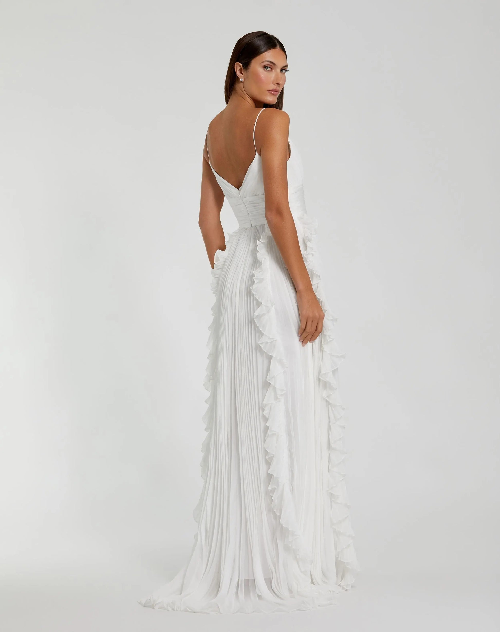 White Pleated Sleeveless Flowy Chiffon Gown | Mac Duggal White Pleated Sleeveless Flowy Chiffon Gown | Mac Duggal