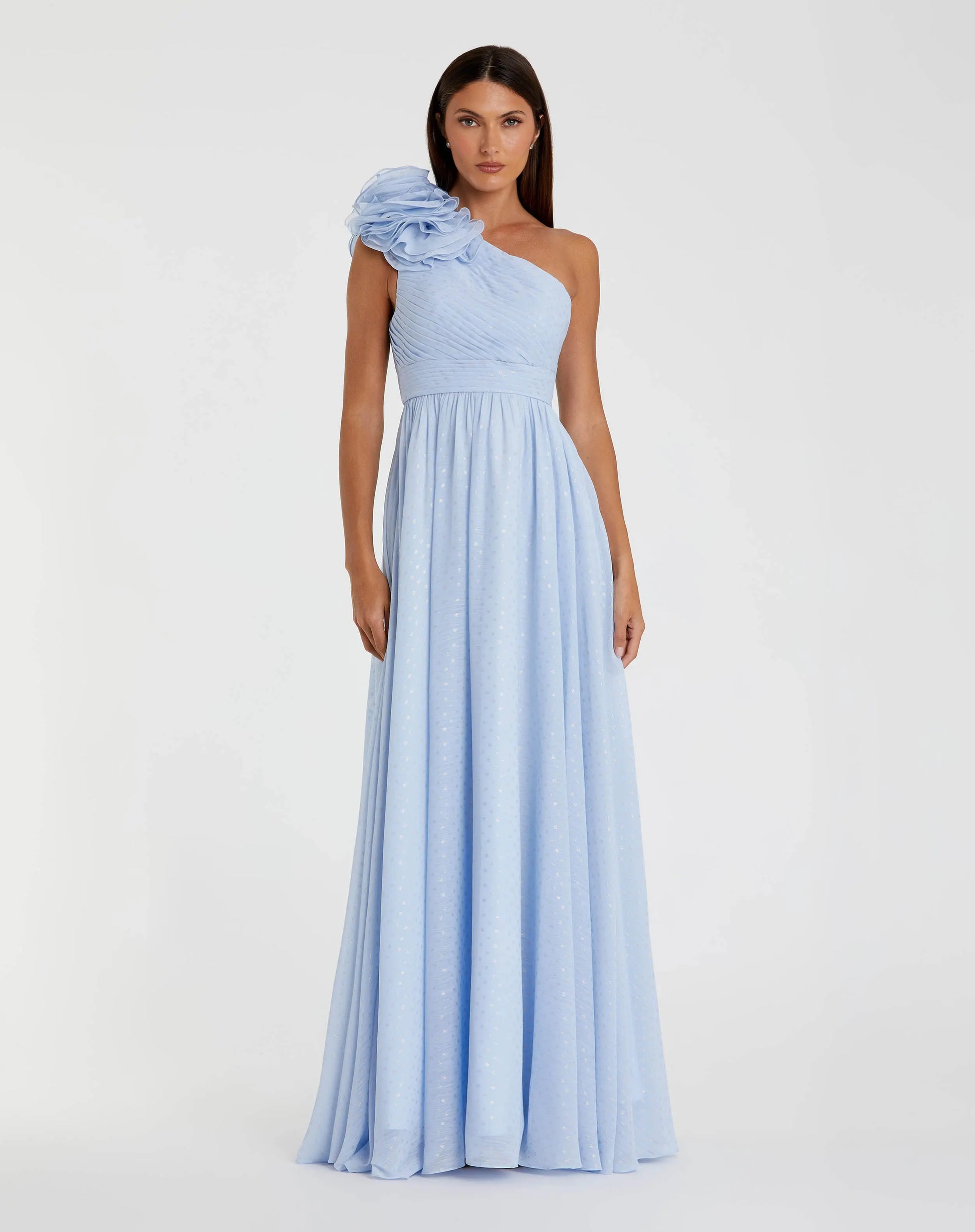Blue One Shoulder Polka Dot Chiffon Gown With Ruffle Detail | Mac Duggal Blue One Shoulder Polka Dot Chiffon Gown With Ruffle Detail | Mac Duggal