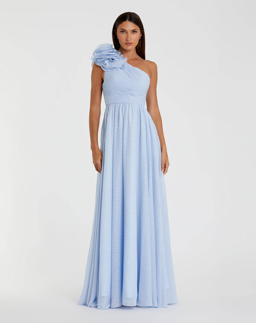 Blue One Shoulder Polka Dot Chiffon Gown With Ruffle Detail - Ieena for Mac Duggal