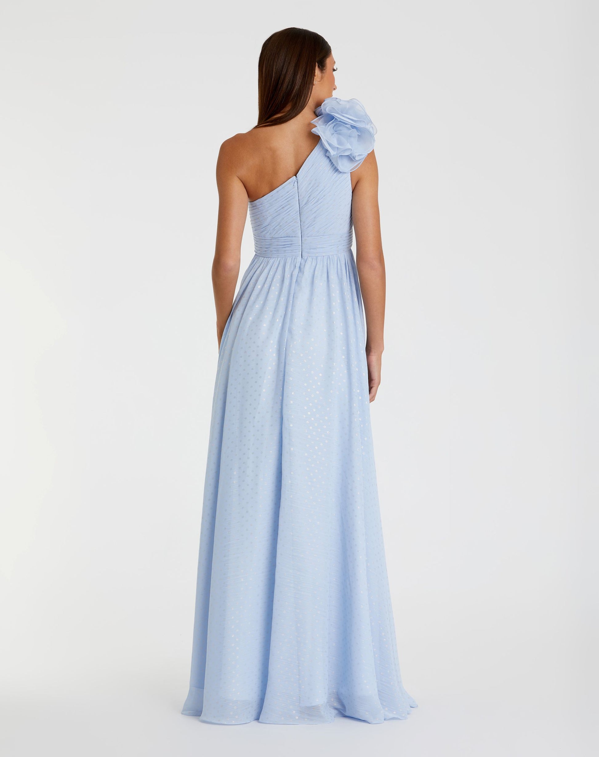 Blue One Shoulder Polka Dot Chiffon Gown With Ruffle Detail - Ieena for Mac Duggal