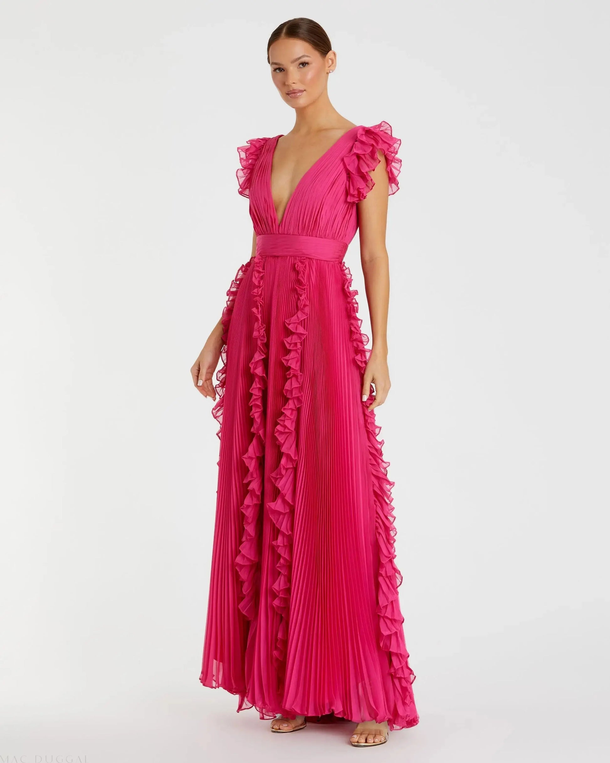 Pink Pleated Ruffle Cap Sleeve Flowy A Line Gown | Mac Duggal Pink Pleated Ruffle Cap Sleeve Flowy A Line Gown | Mac Duggal