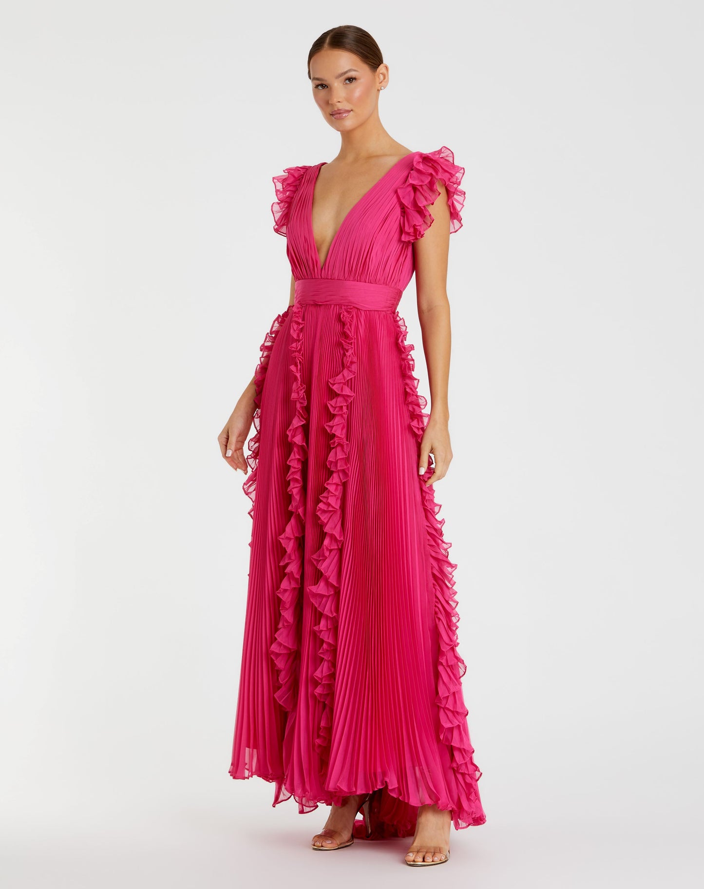 Pleated Ruffle Cap Sleeve Flowy A Line Gown