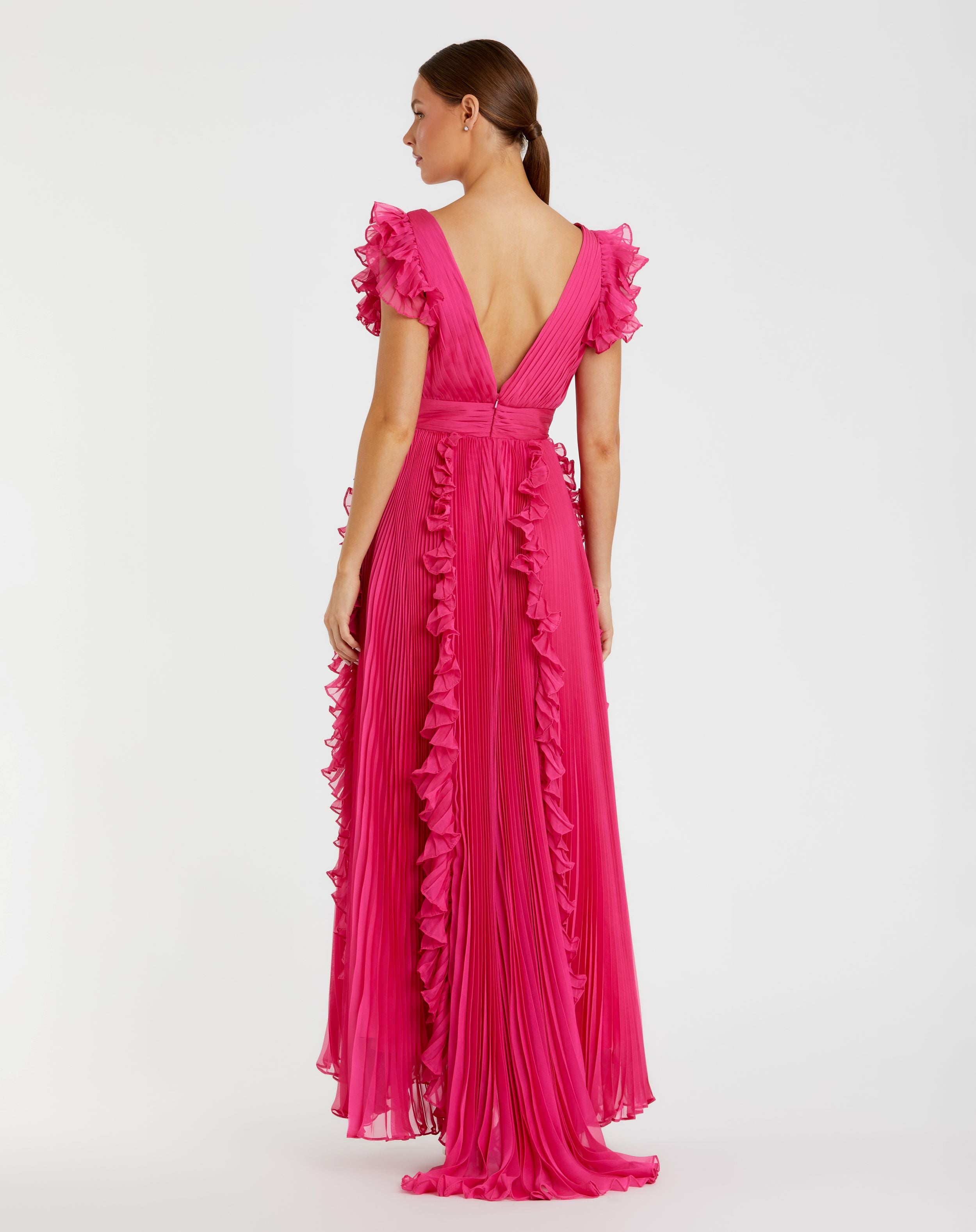 Pleated Ruffle Cap Sleeve Flowy A Line Gown