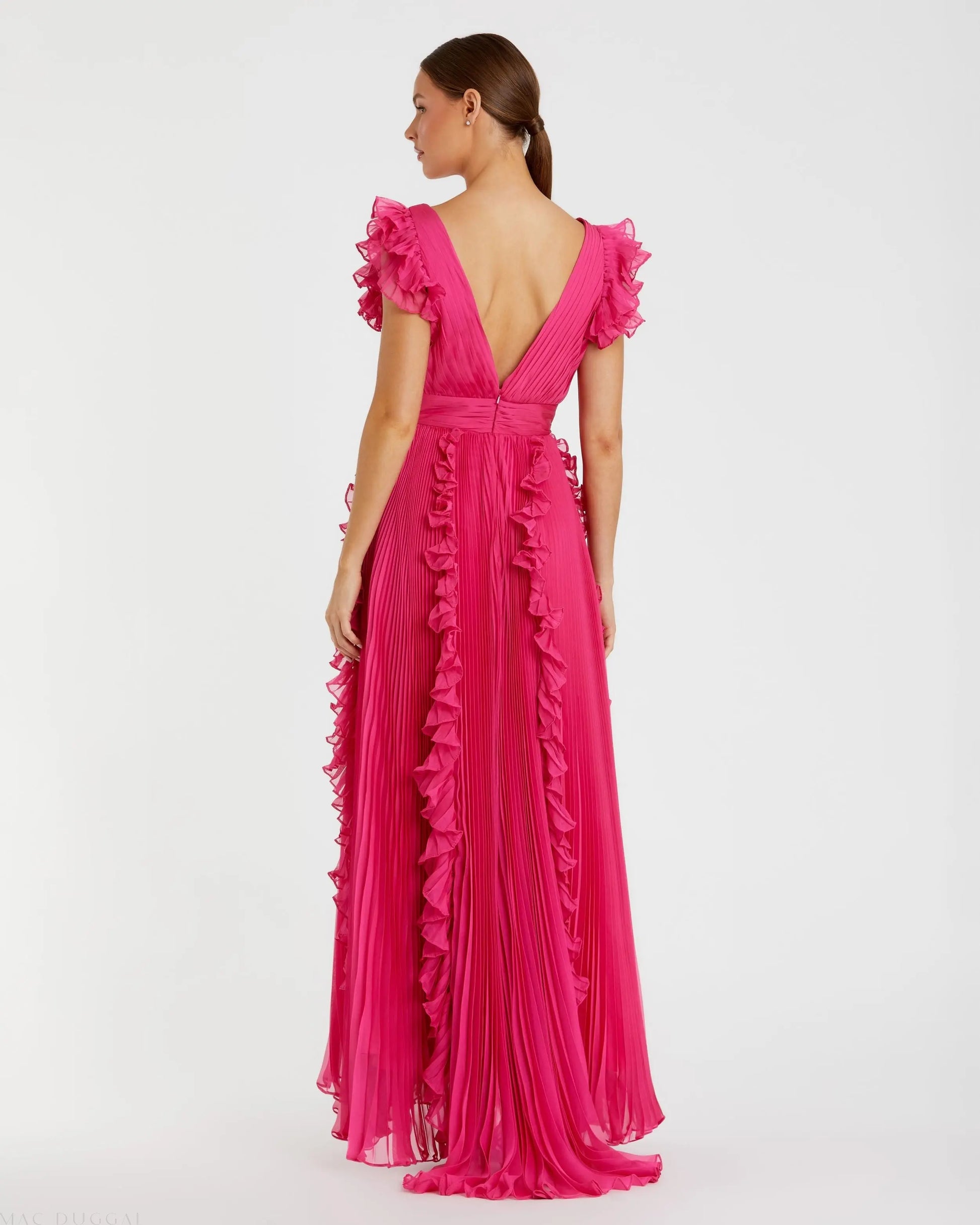 Pink Pleated Ruffle Cap Sleeve Flowy A Line Gown | Mac Duggal Pink Pleated Ruffle Cap Sleeve Flowy A Line Gown | Mac Duggal