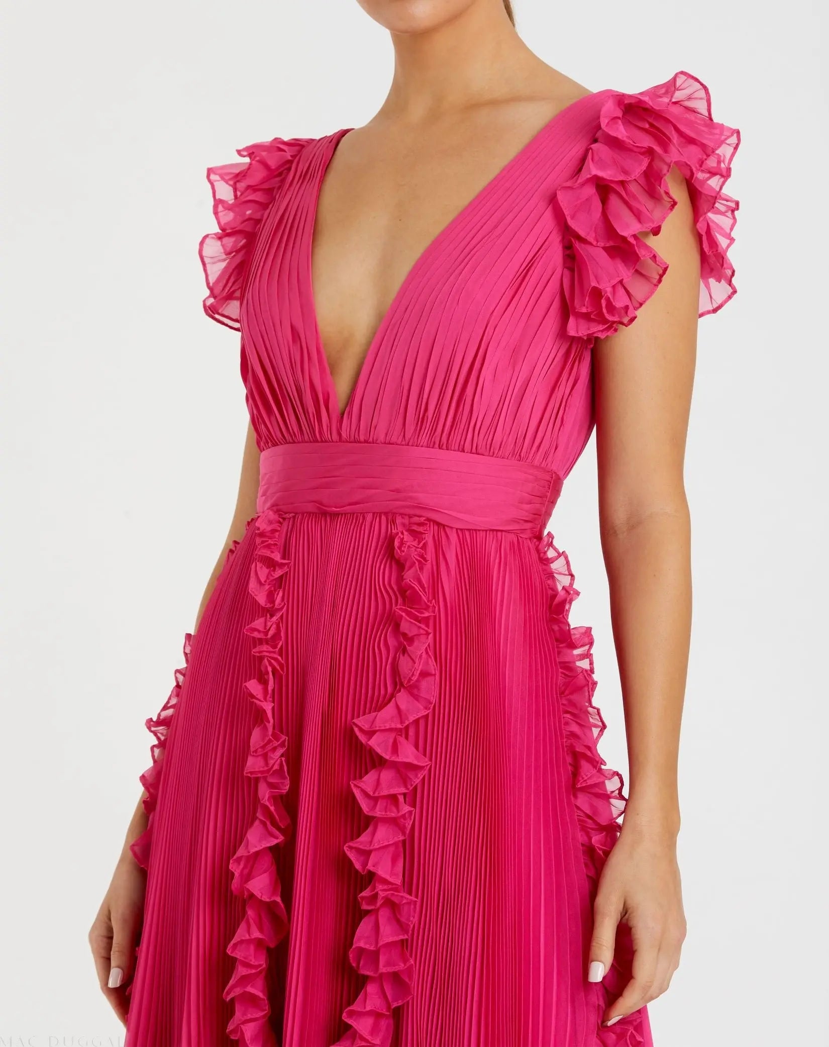 Pink Pleated Ruffle Cap Sleeve Flowy A Line Gown | Mac Duggal Pink Pleated Ruffle Cap Sleeve Flowy A Line Gown | Mac Duggal