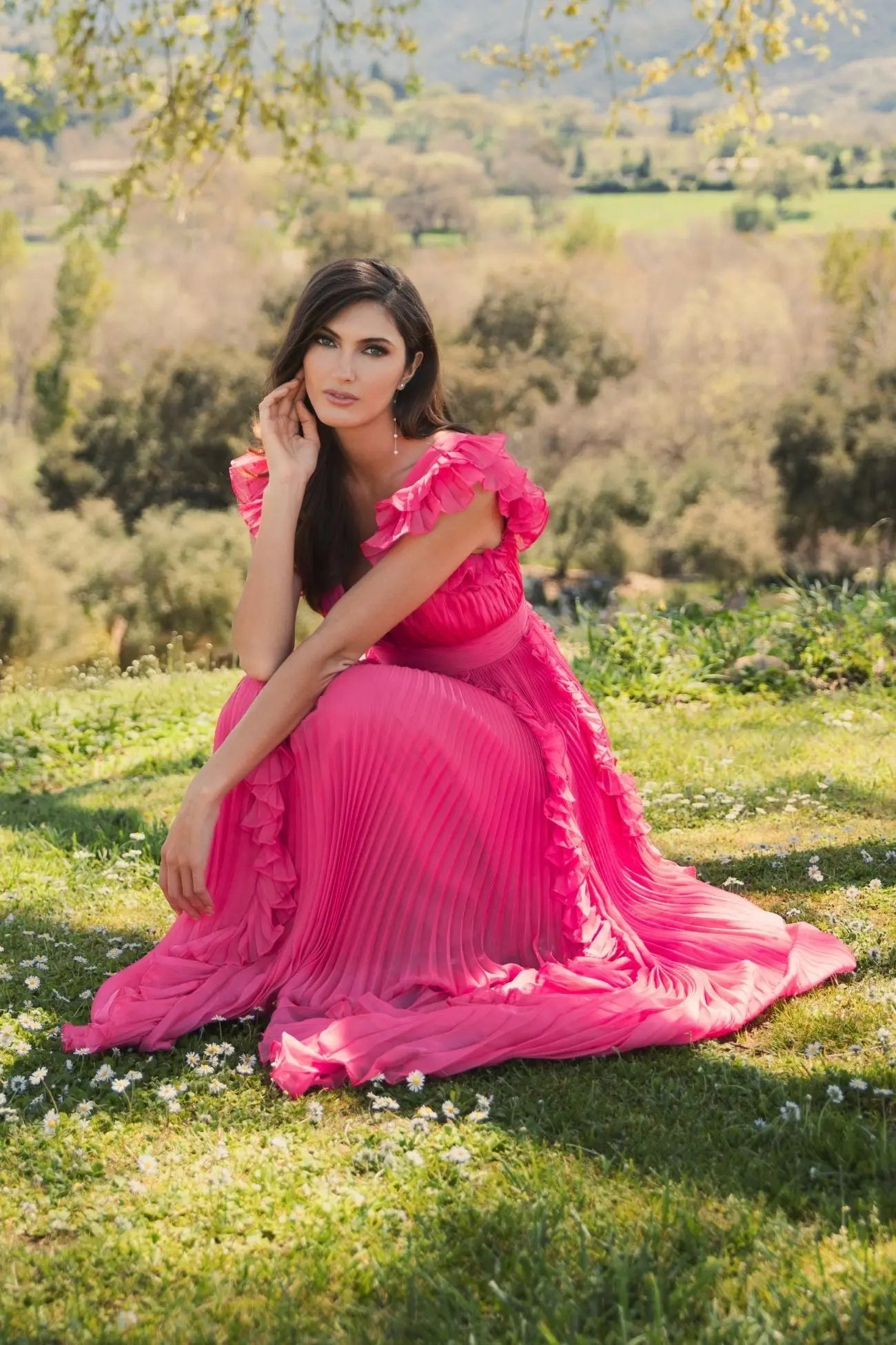 Pink Pleated Ruffle Cap Sleeve Flowy A Line Gown | Mac Duggal Pink Pleated Ruffle Cap Sleeve Flowy A Line Gown | Mac Duggal