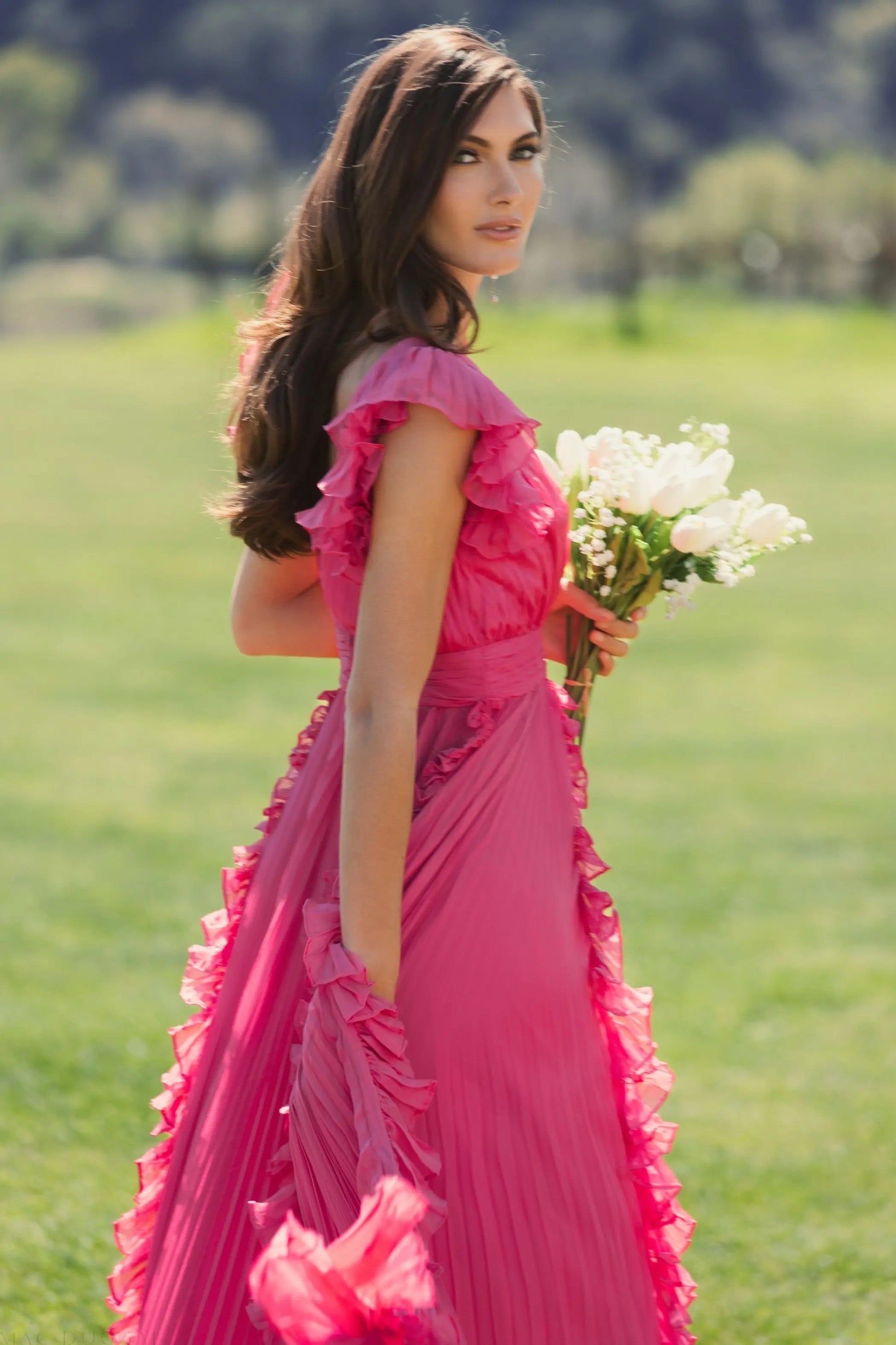 Pink Pleated Ruffle Cap Sleeve Flowy A Line Gown | Mac Duggal Pink Pleated Ruffle Cap Sleeve Flowy A Line Gown | Mac Duggal
