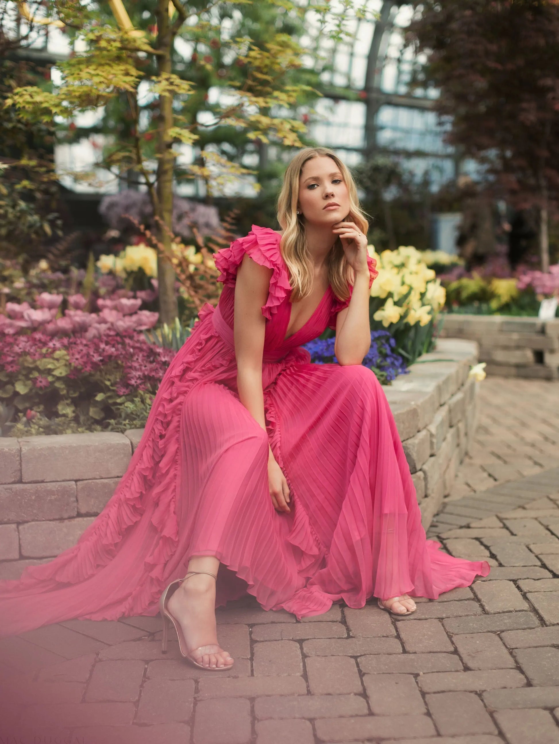 Pink Pleated Ruffle Cap Sleeve Flowy A Line Gown | Mac Duggal Pink Pleated Ruffle Cap Sleeve Flowy A Line Gown | Mac Duggal