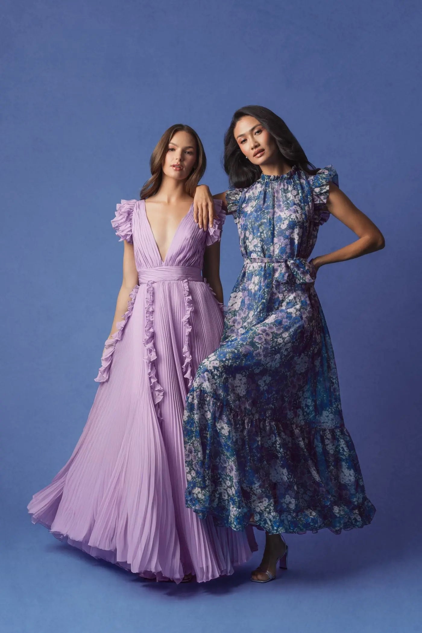 Purple Printed Chiffon Ruffle Sleeve Gown With Bow Belt - Ieena for Mac Duggal