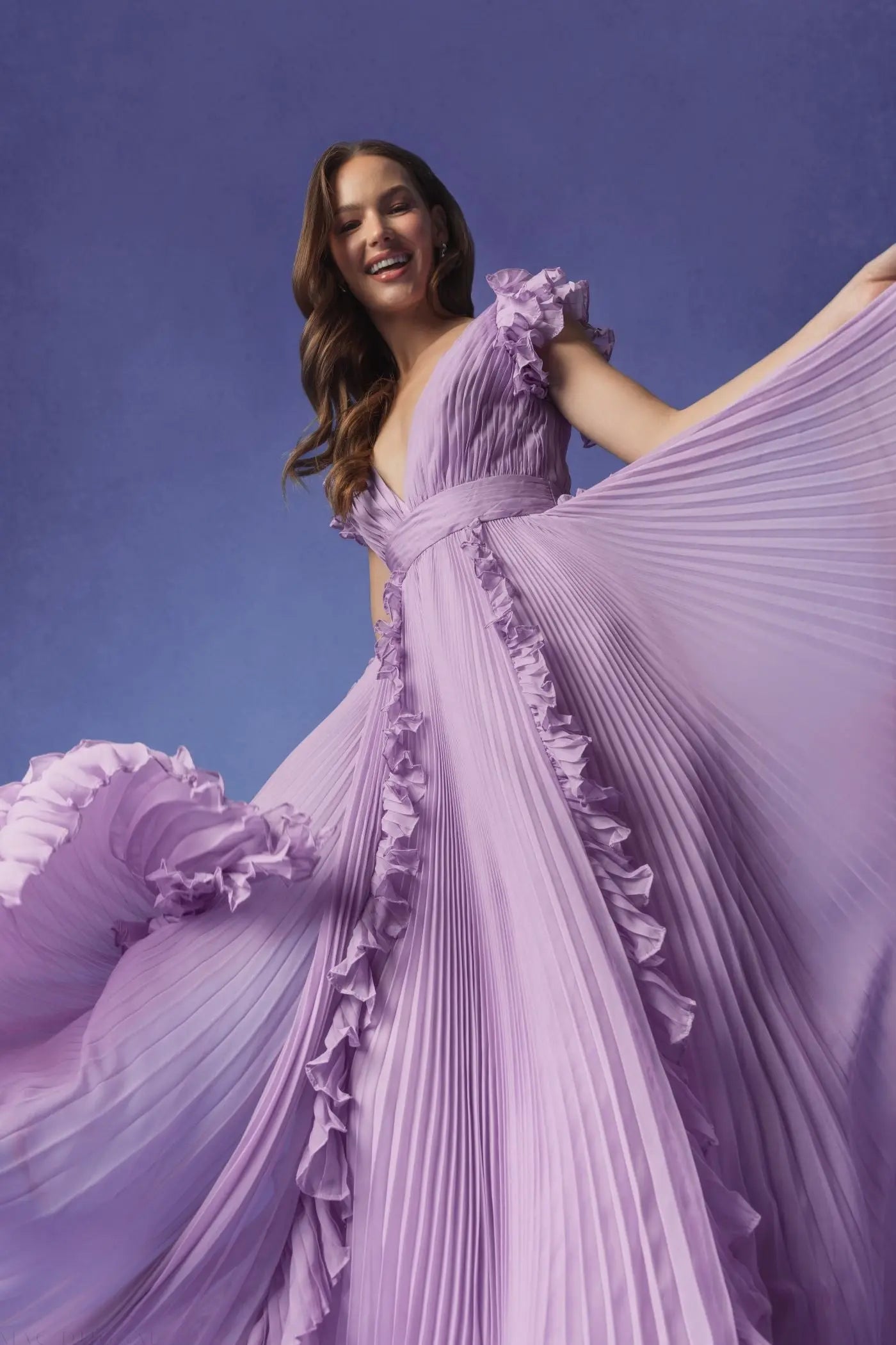 Purple Pleated Ruffle Cap Sleeve Flowy A Line Gown - Ieena for Mac Duggal