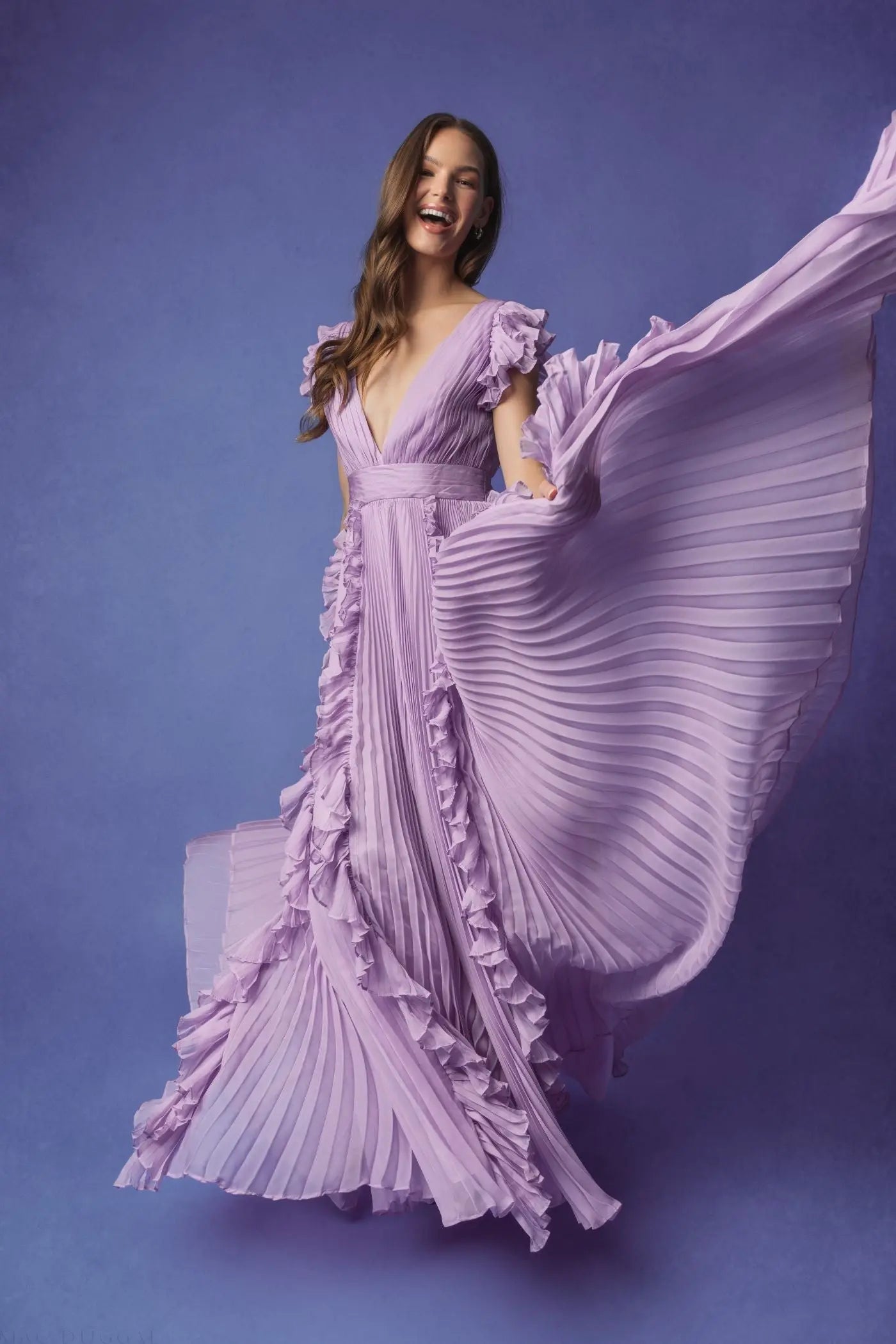 Purple Pleated Ruffle Cap Sleeve Flowy A Line Gown | Mac Duggal Purple Pleated Ruffle Cap Sleeve Flowy A Line Gown | Mac Duggal