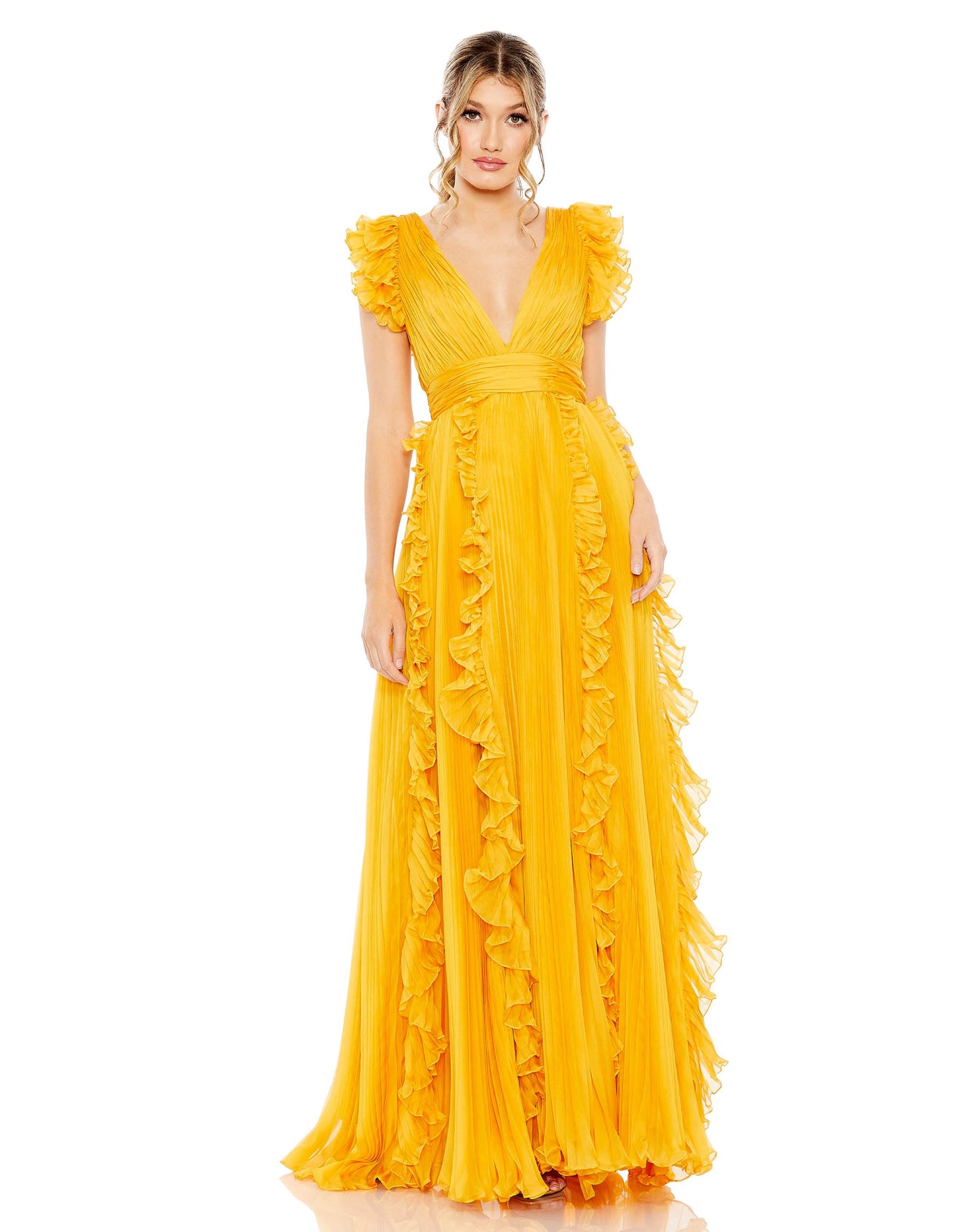 Pleated Ruffle Cap Sleeve Flowy A Line Gown