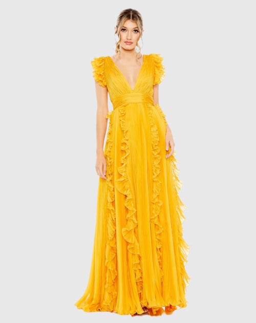 Pleated Ruffle Cap Sleeve Flowy A Line Gown