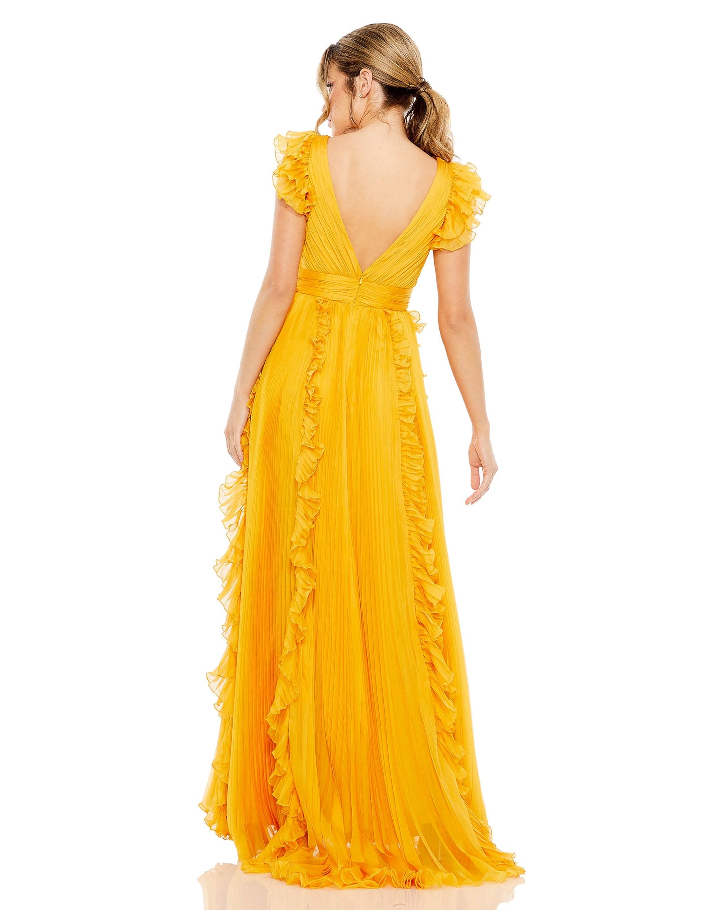 Pleated Ruffle Cap Sleeve Flowy A Line Gown