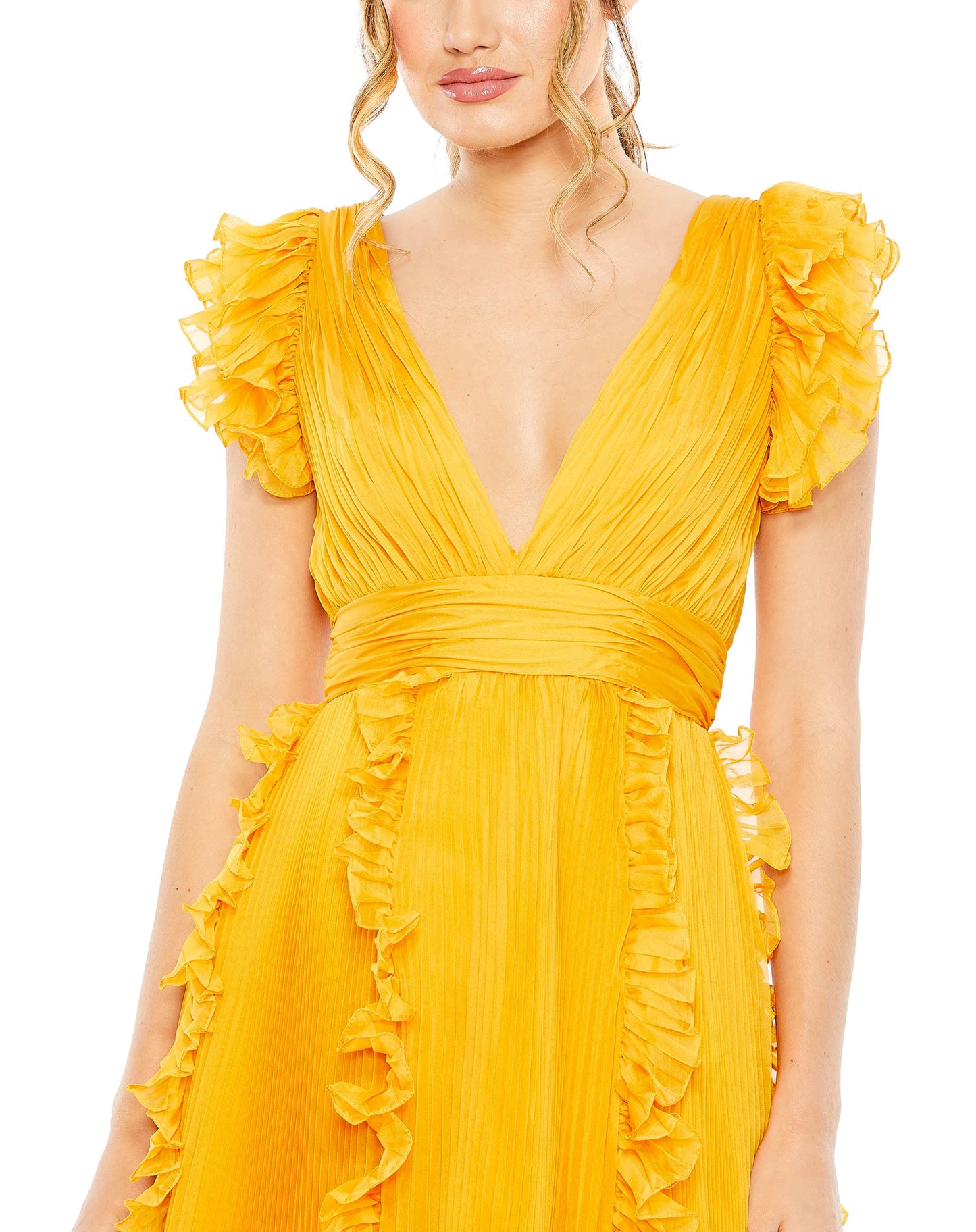 Pleated Ruffle Cap Sleeve Flowy A Line Gown