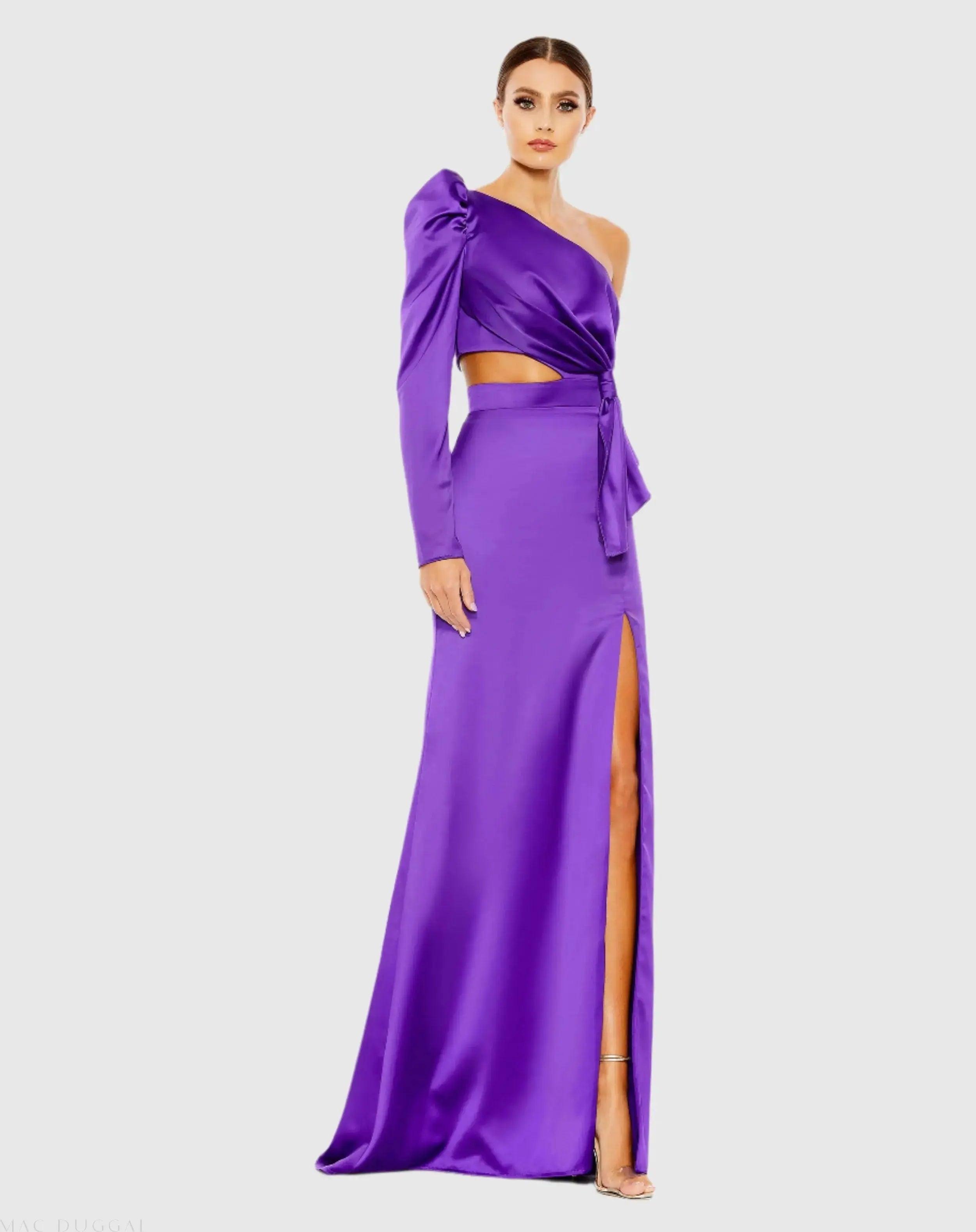 Purple Puff One Sleeve Cut Out Side Knot Gown - Ieena for Mac Duggal