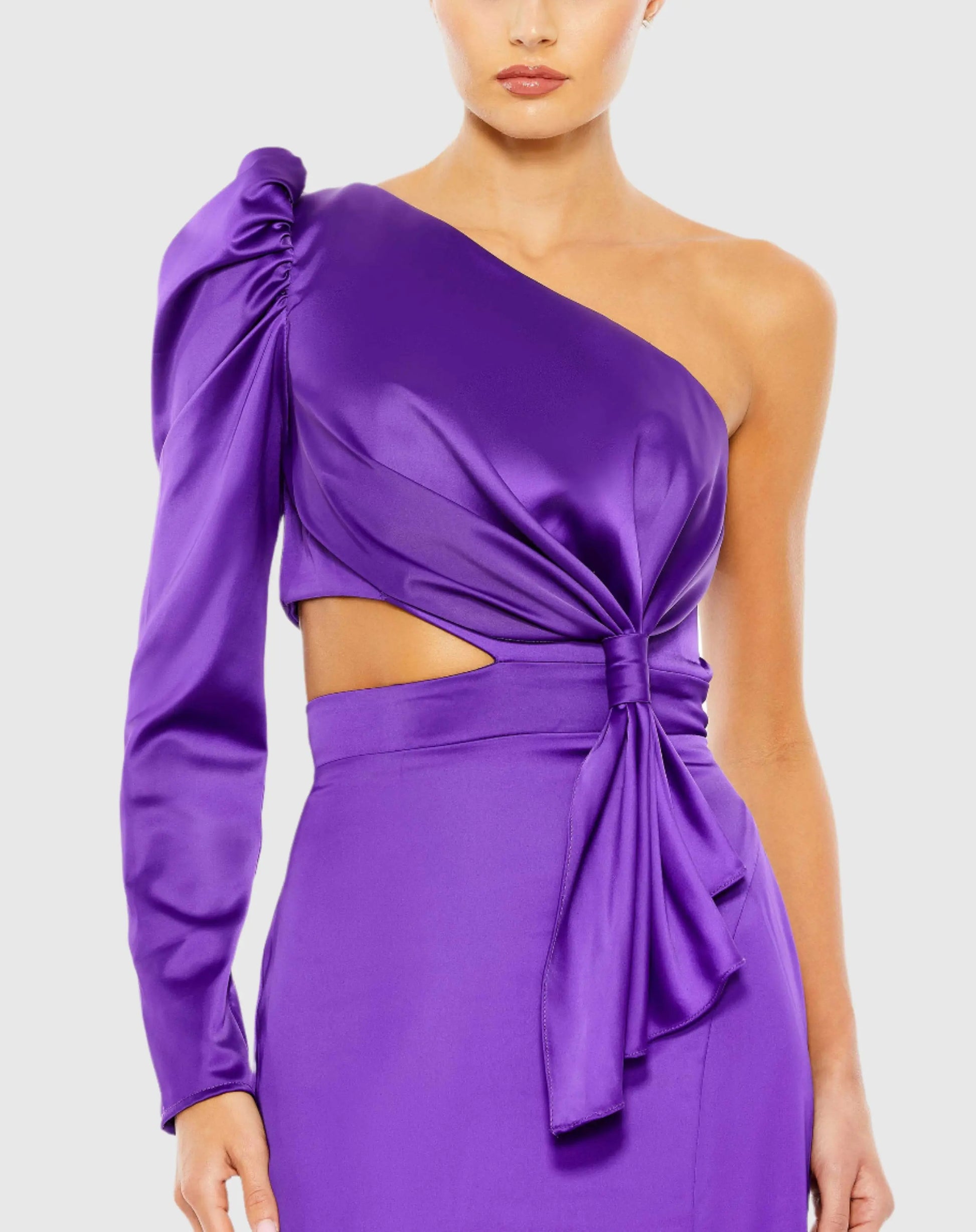 Purple Puff One Sleeve Cut Out Side Knot Gown - Ieena for Mac Duggal
