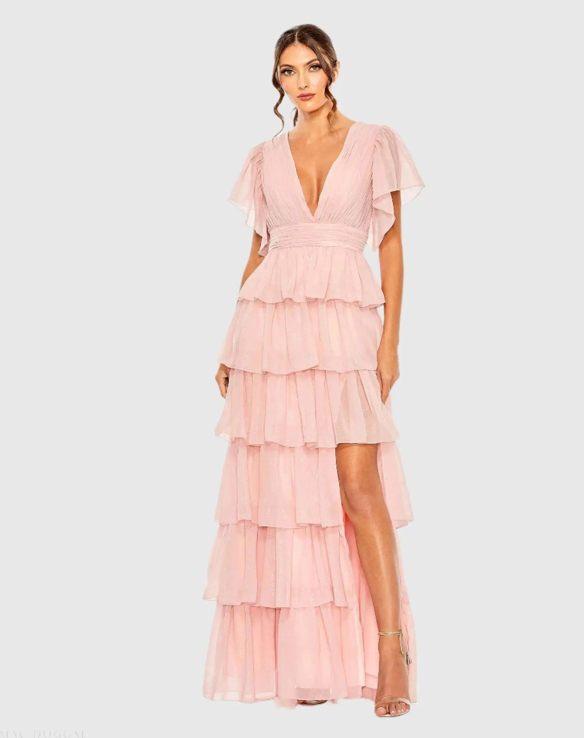 Mac Duggal - Pink Flutter Sleeve Ruffle Tiered Gown - US 18 Mac Duggal - Pink Flutter Sleeve Ruffle Tiered Gown - US 18