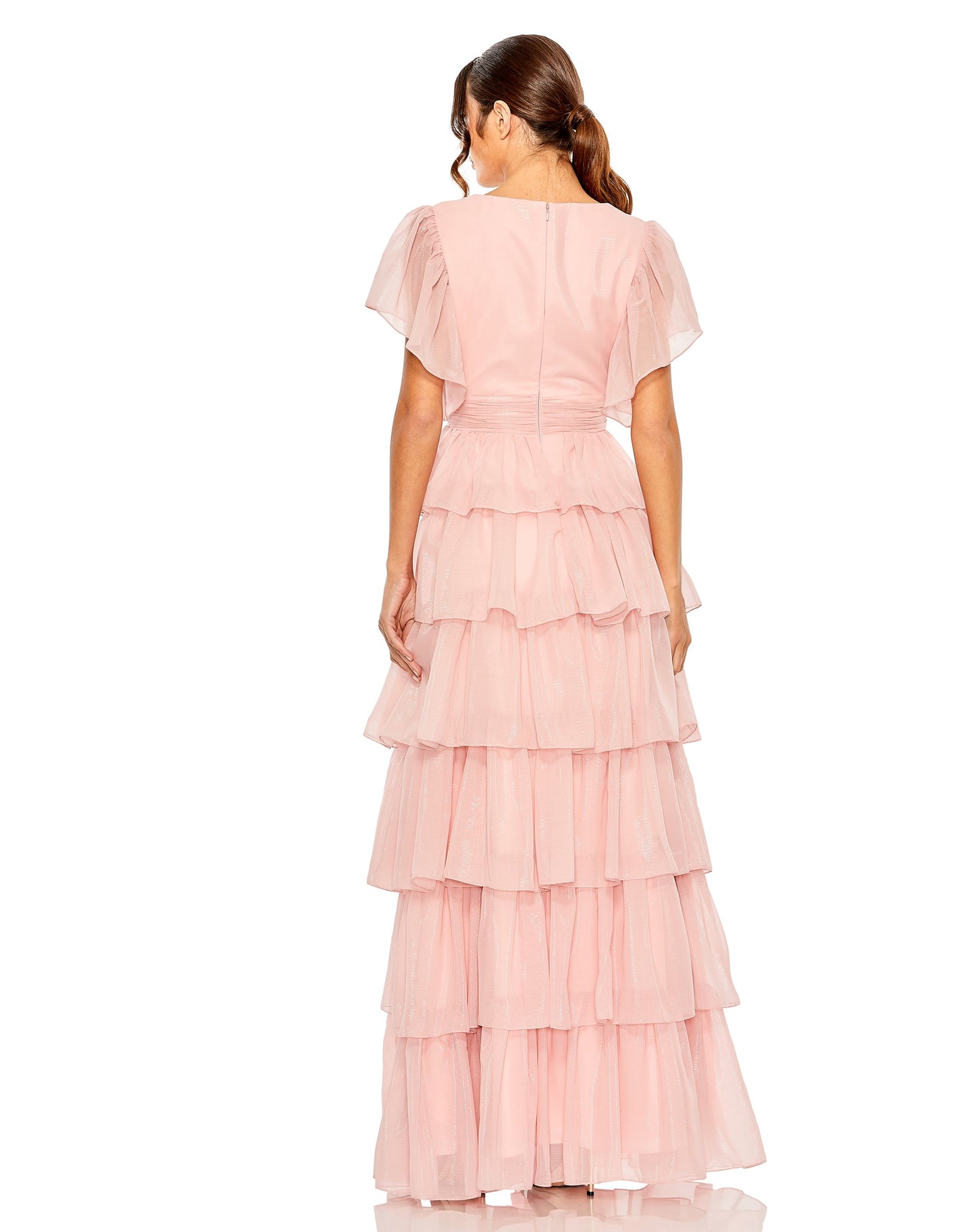 Pink Flutter Sleeve Ruffle Tiered Gown