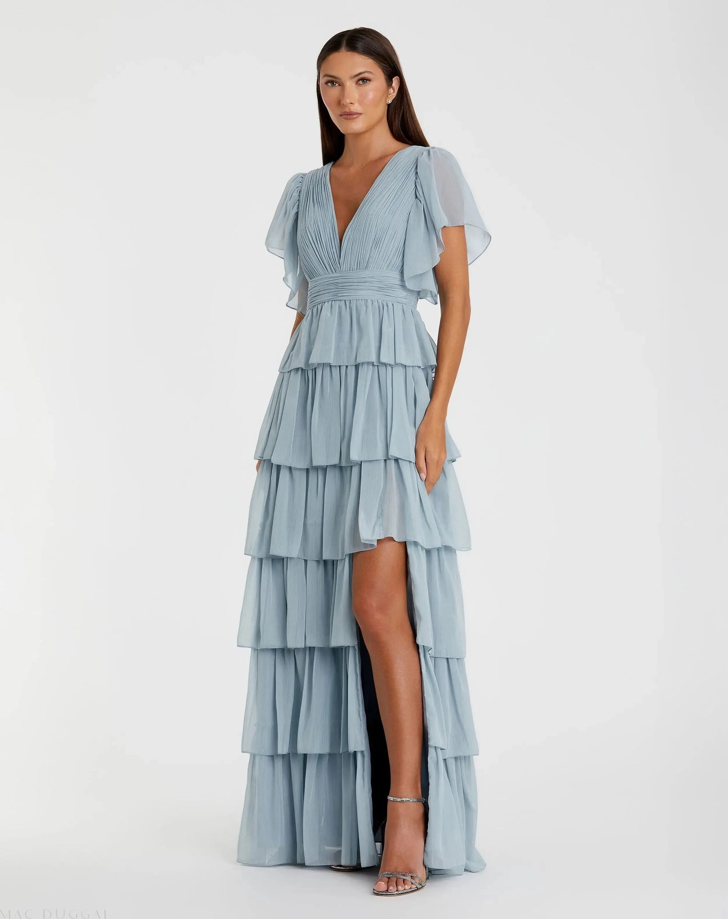Flutter Sleeve Ruffle Tiered Gown - Mac Duggal Flutter Sleeve Ruffle Tiered Gown - Mac Duggal