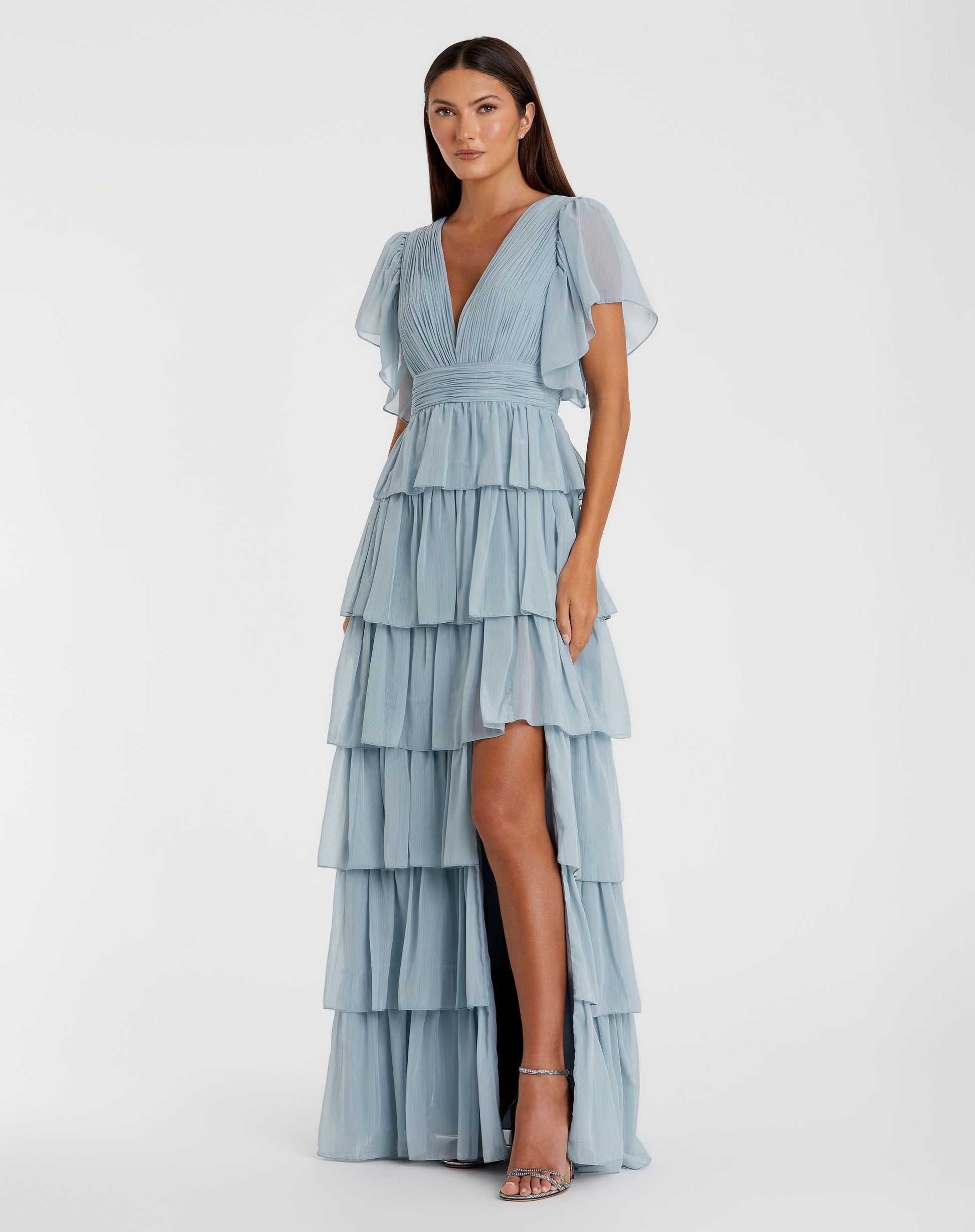 Flutter Sleeve Ruffle Tiered Gown