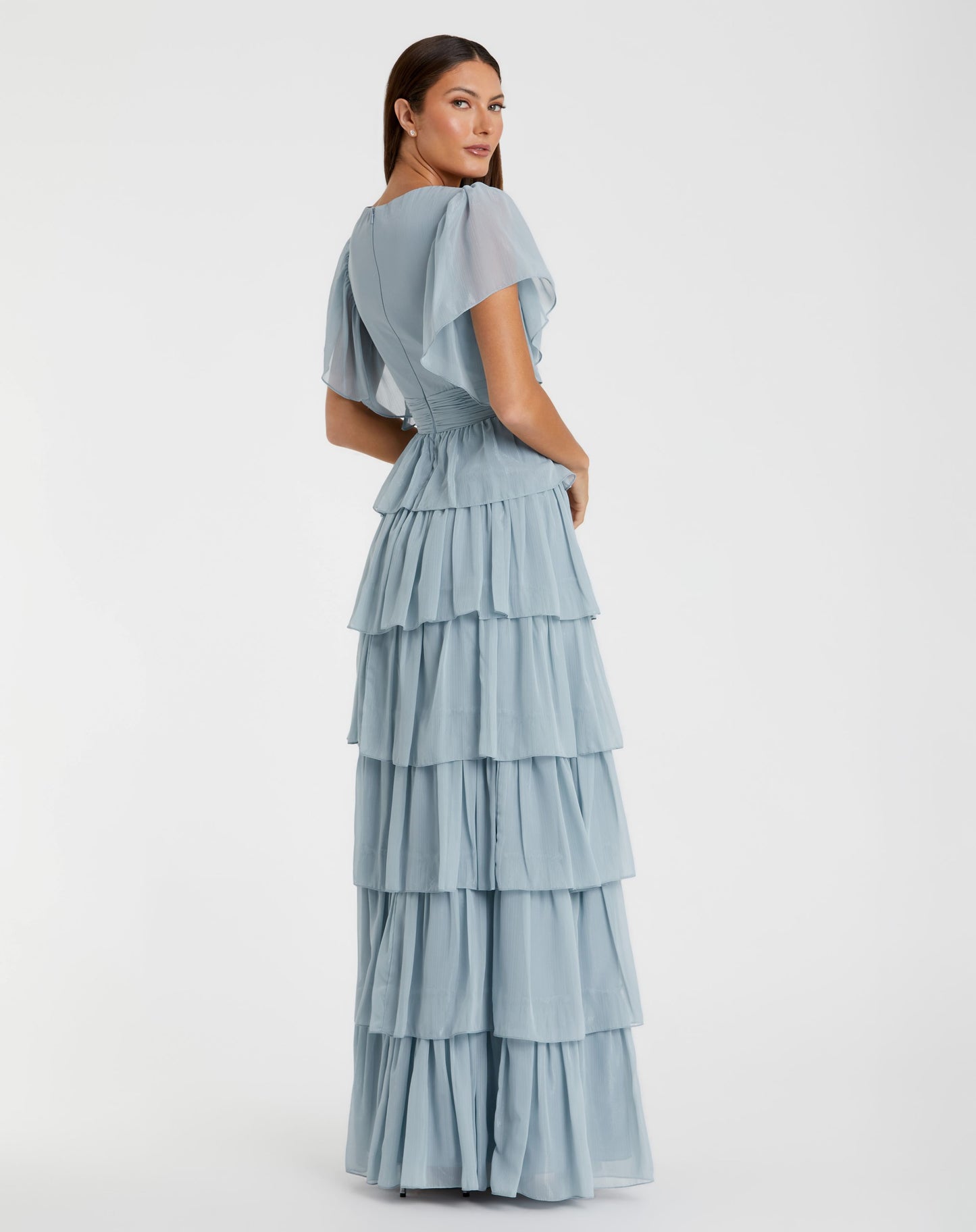 Flutter Sleeve Ruffle Tiered Gown