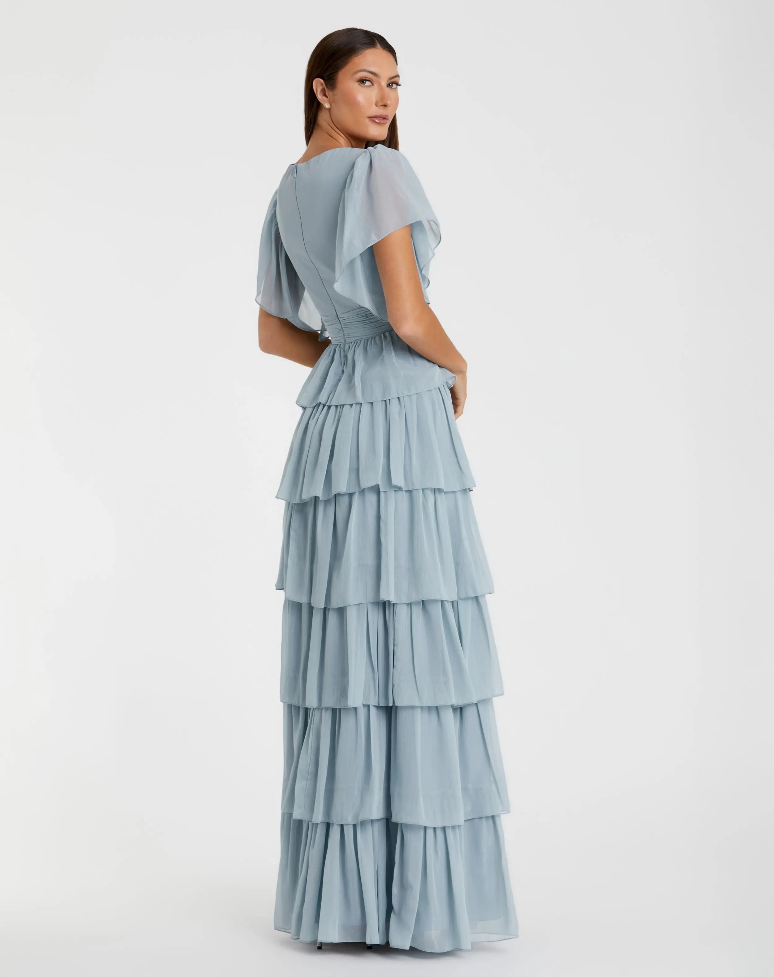 Blue Flutter Sleeve Ruffle Tiered Gown - Mac Duggal