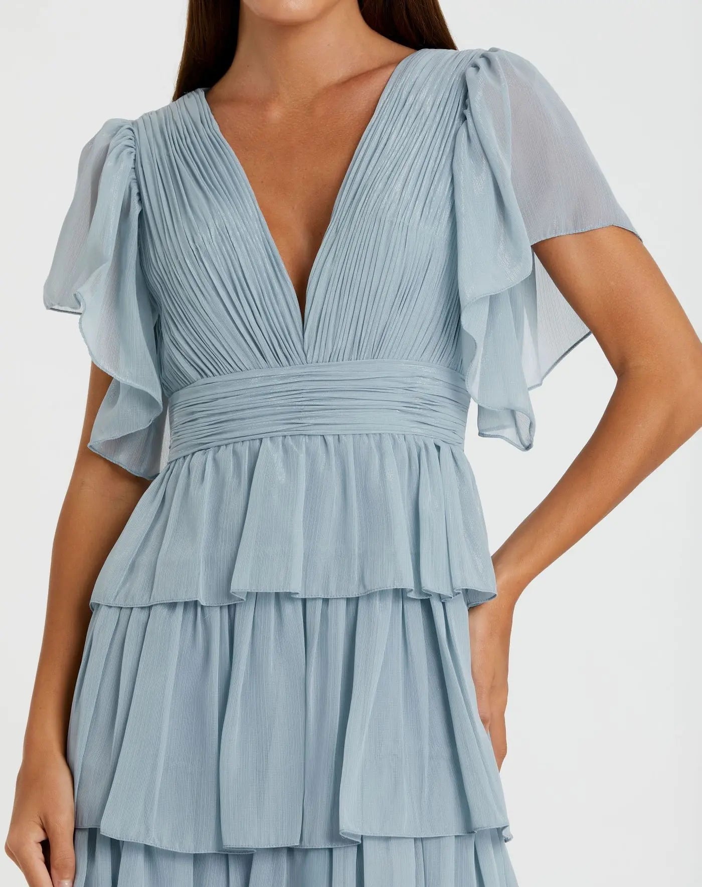 Mac Duggal - Blue Flutter Sleeve Ruffle Tiered Gown - US 18 Mac Duggal - Blue Flutter Sleeve Ruffle Tiered Gown - US 18