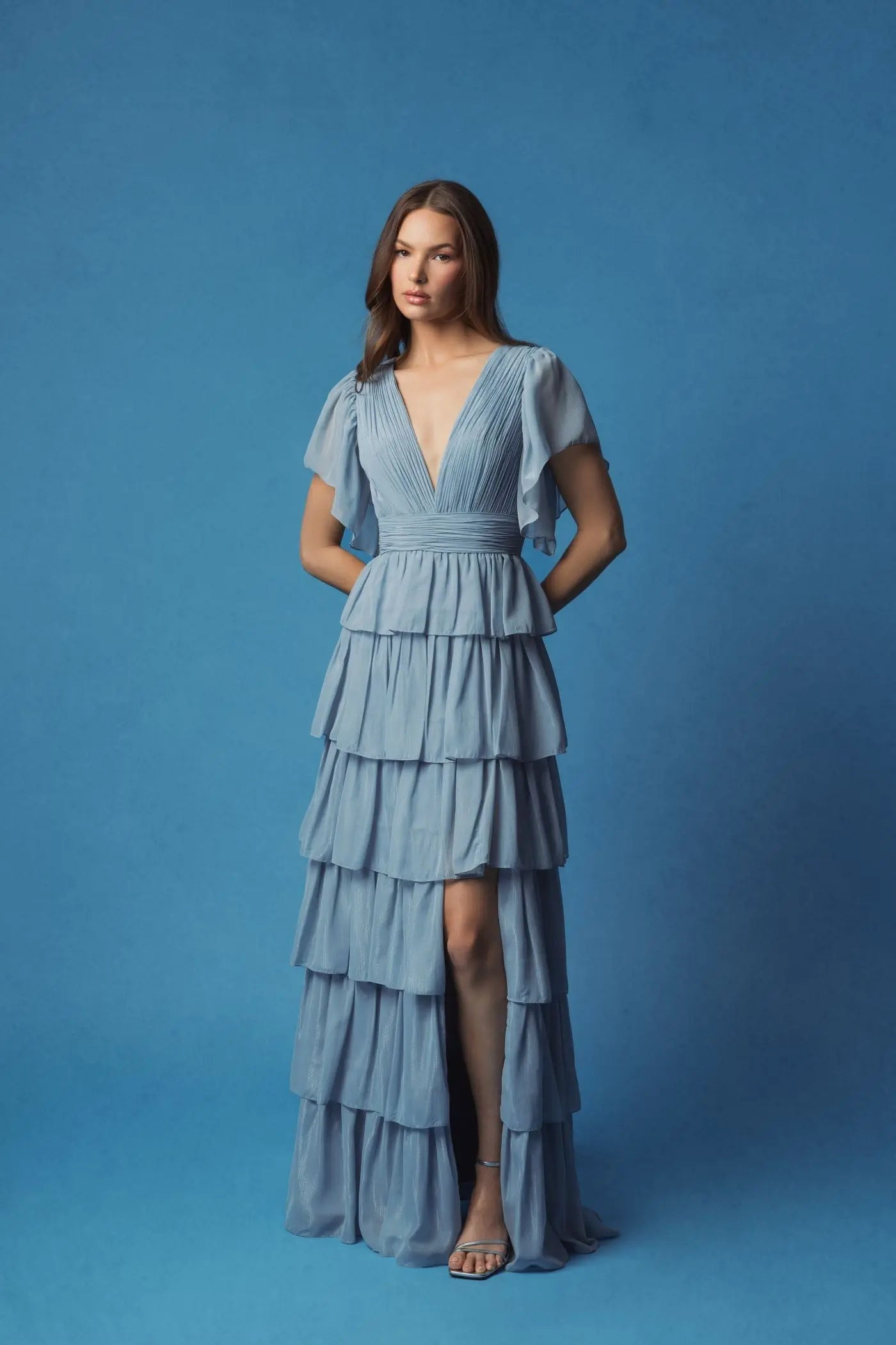 Blue Flutter Sleeve Ruffle Tiered Gown - Mac Duggal Blue Flutter Sleeve Ruffle Tiered Gown - Mac Duggal