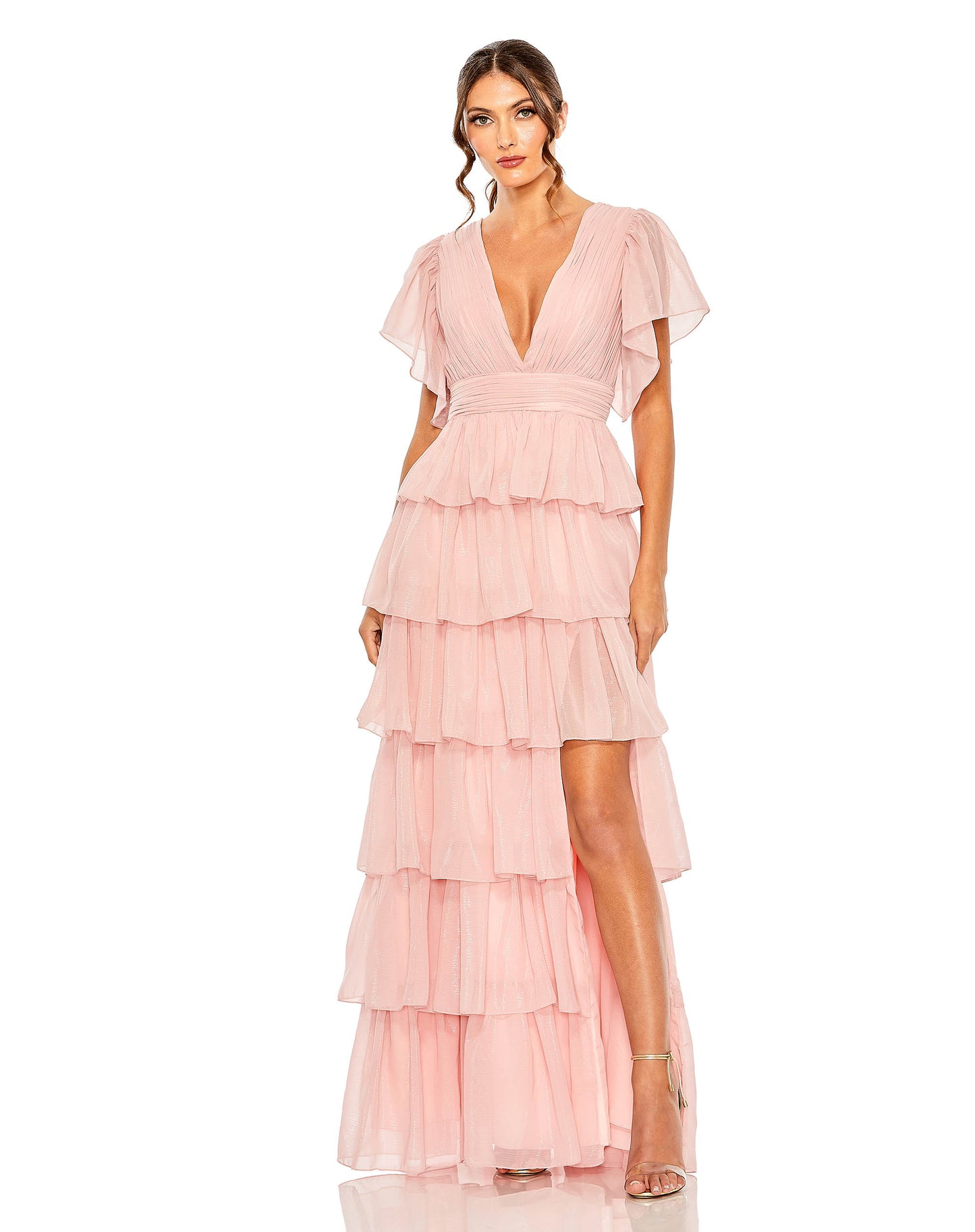 Flutter Sleeve Ruffle Tiered Gown