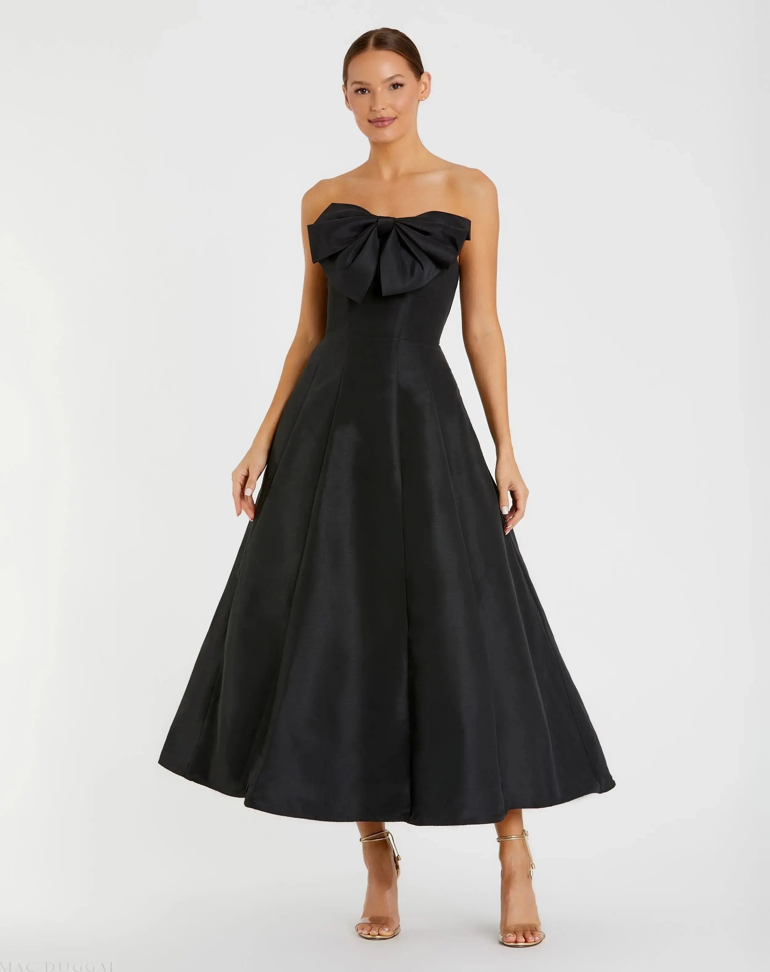 Black Strapless A-Line Tea Length Statement Bow Dress - Mac Duggal