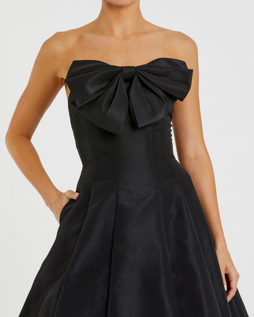 Strapless A-Line Tea Length Bow Detail Dress